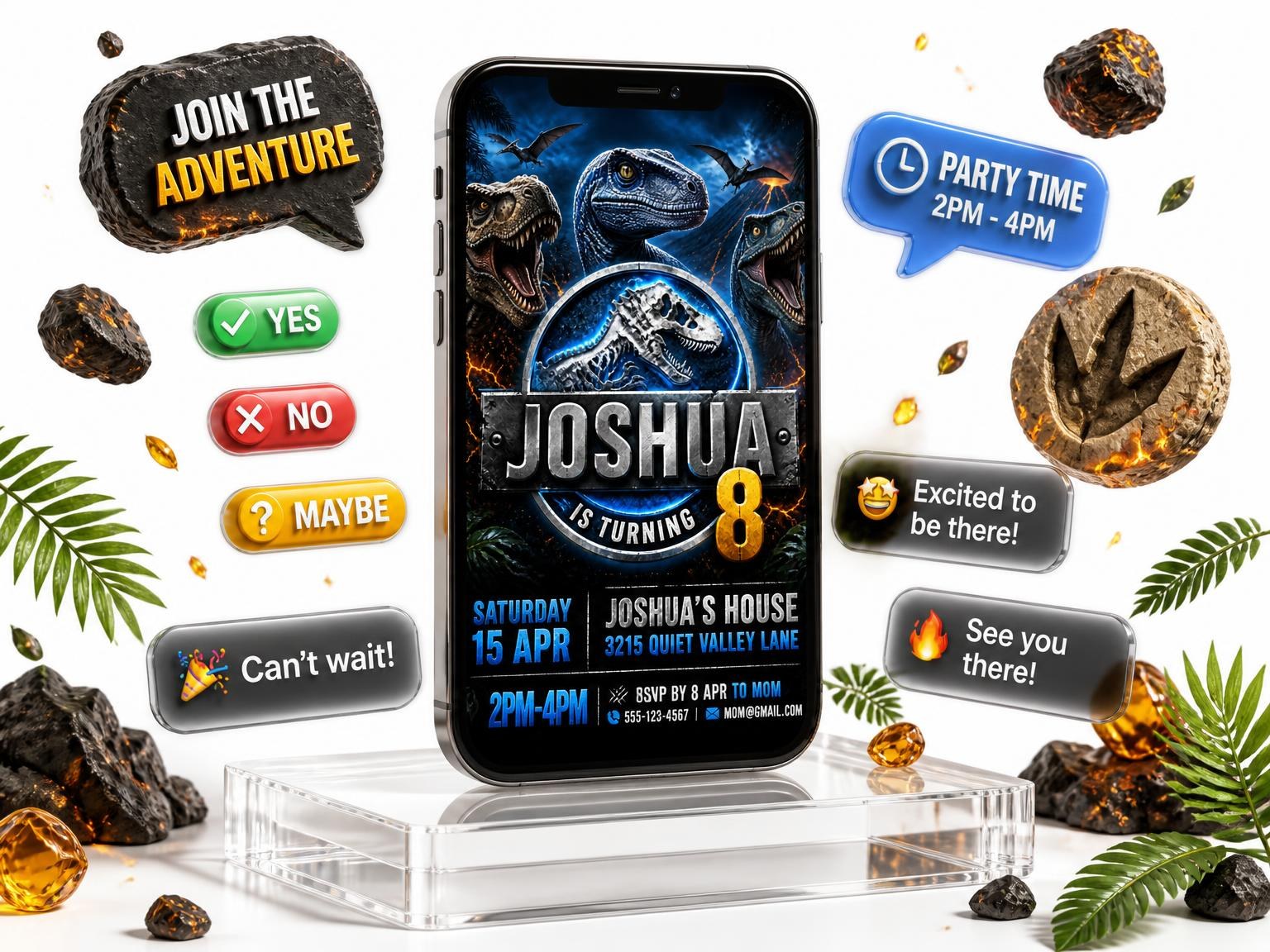 The Jurassic Dinosaur 8th Birthday Invitation invitation on a phone, with guest RSVPs arriving around it