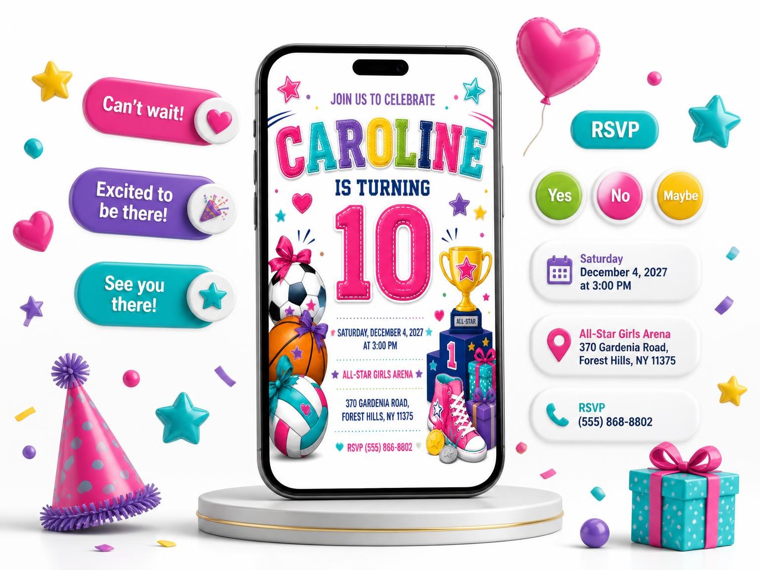 The Championship Trophy 10th Birthday Invitation invitation on a phone, with guest RSVPs arriving around it