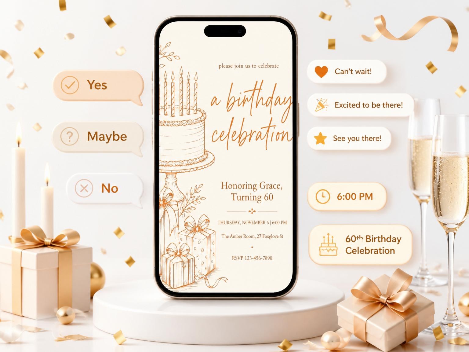 The Bronze Illustration 60th Birthday Cake Invitation invitation on a phone, with guest RSVPs arriving around it