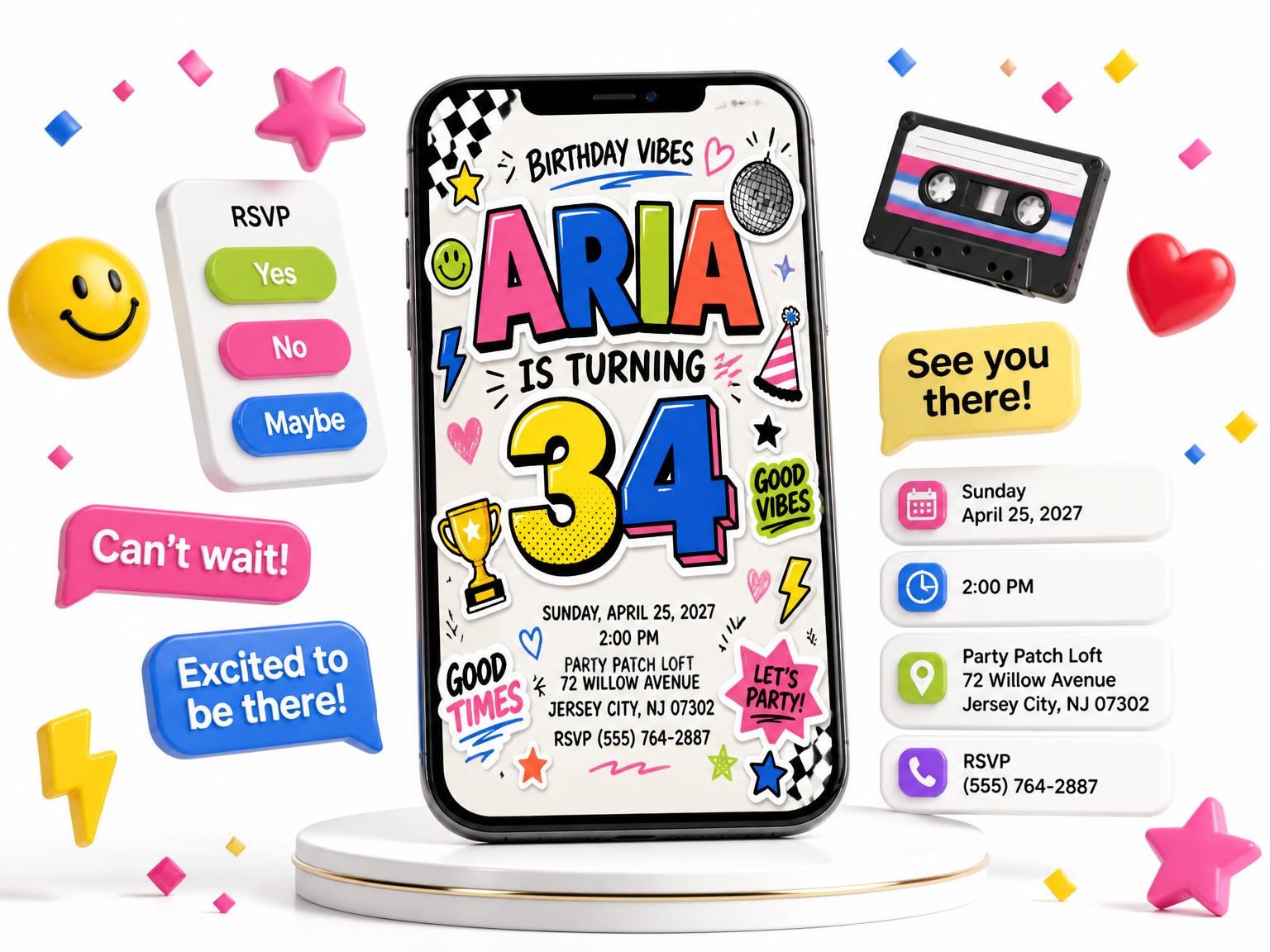 The Sticker Pop 34th Birthday Invitation invitation on a phone, with guest RSVPs arriving around it