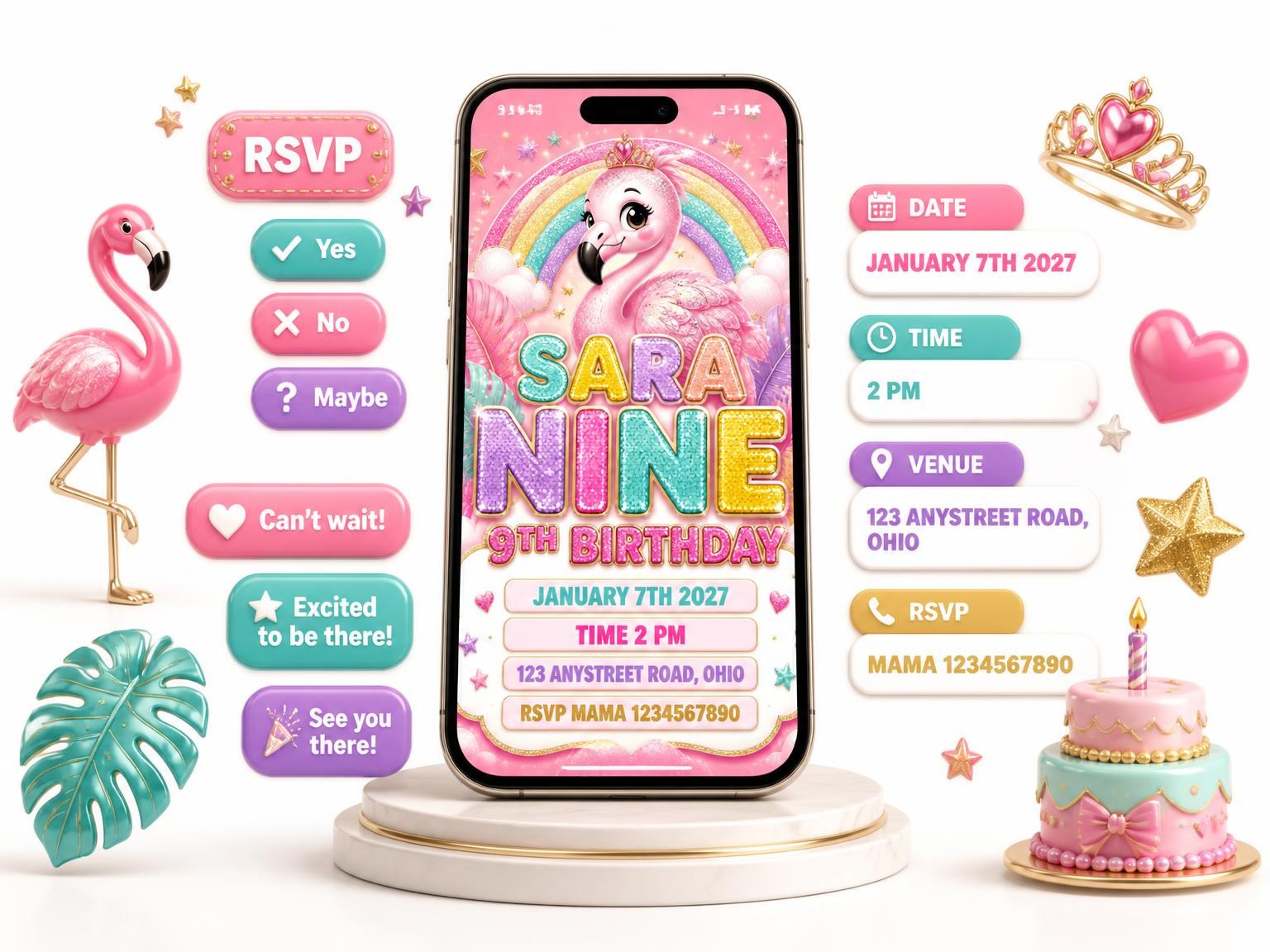 The Glitter Flamingo 9th Birthday Invitation invitation on a phone, with guest RSVPs arriving around it