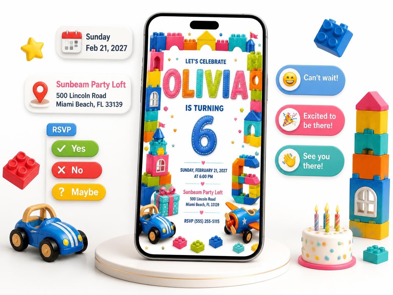 The Stitched Toy Blocks 6th Birthday Invitation invitation on a phone, with guest RSVPs arriving around it
