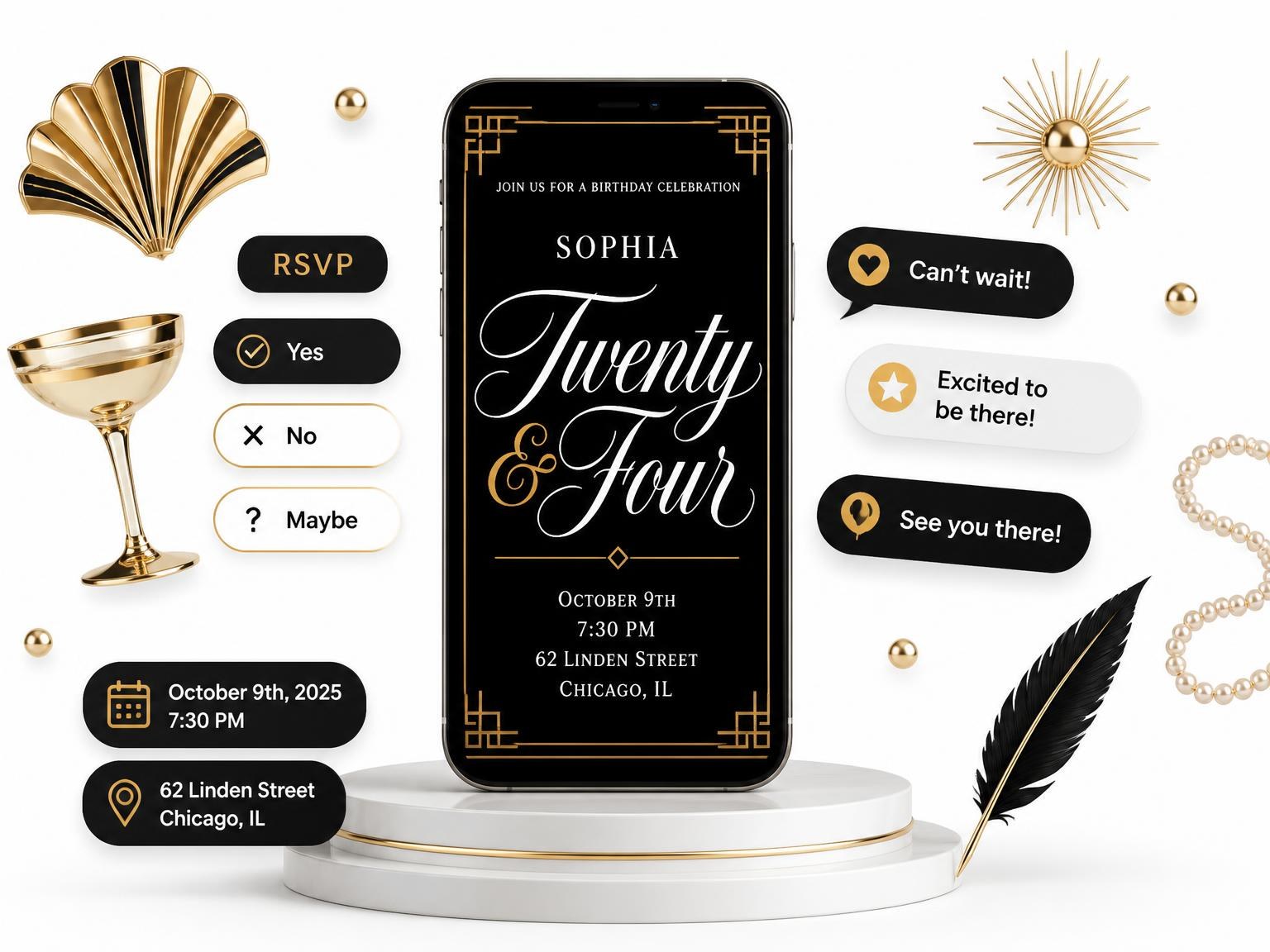 The Art Deco 24th Birthday Invitation invitation on a phone, with guest RSVPs arriving around it