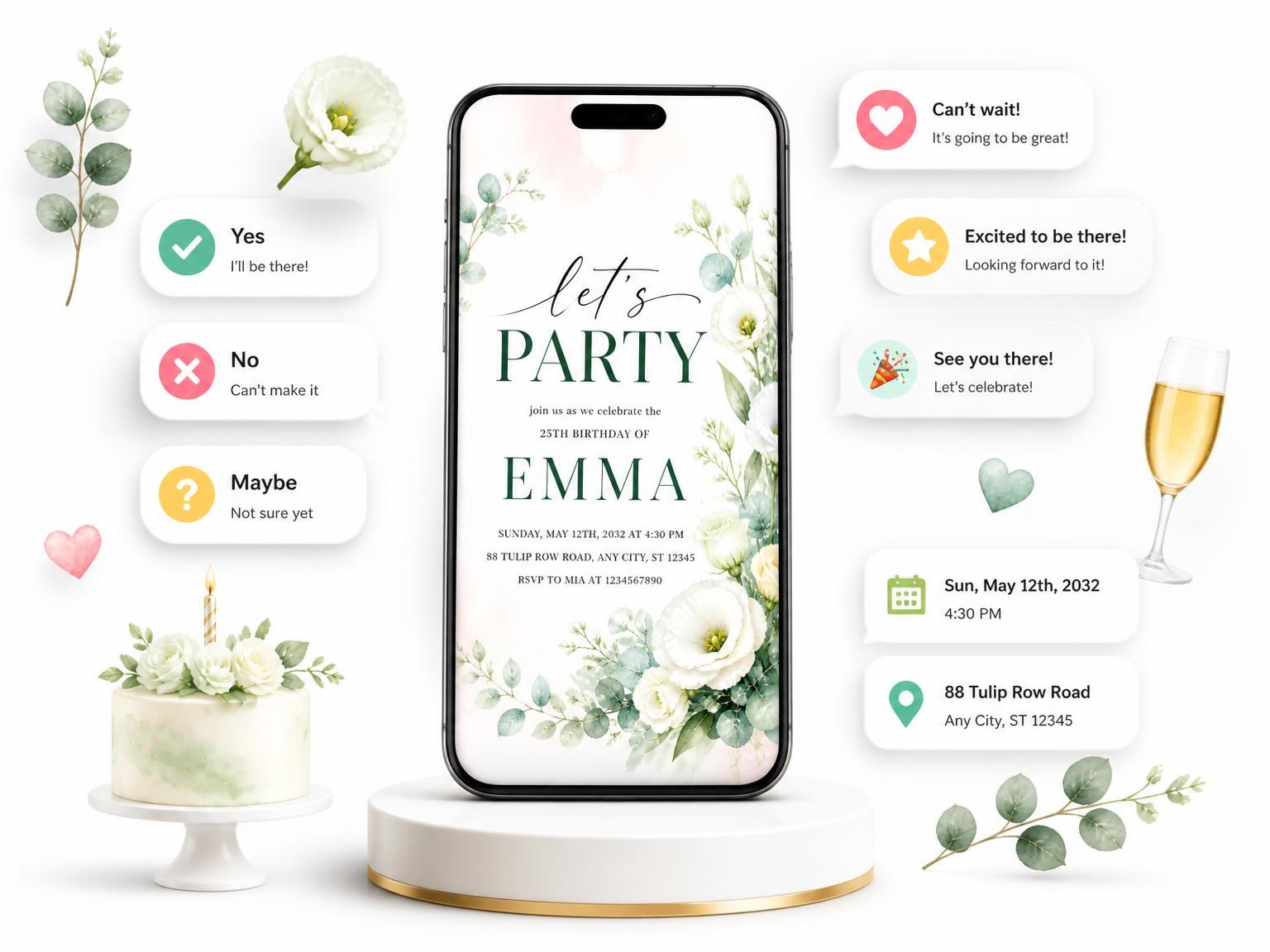The White Floral Eucalyptus 25th Birthday Invitation invitation on a phone, with guest RSVPs arriving around it