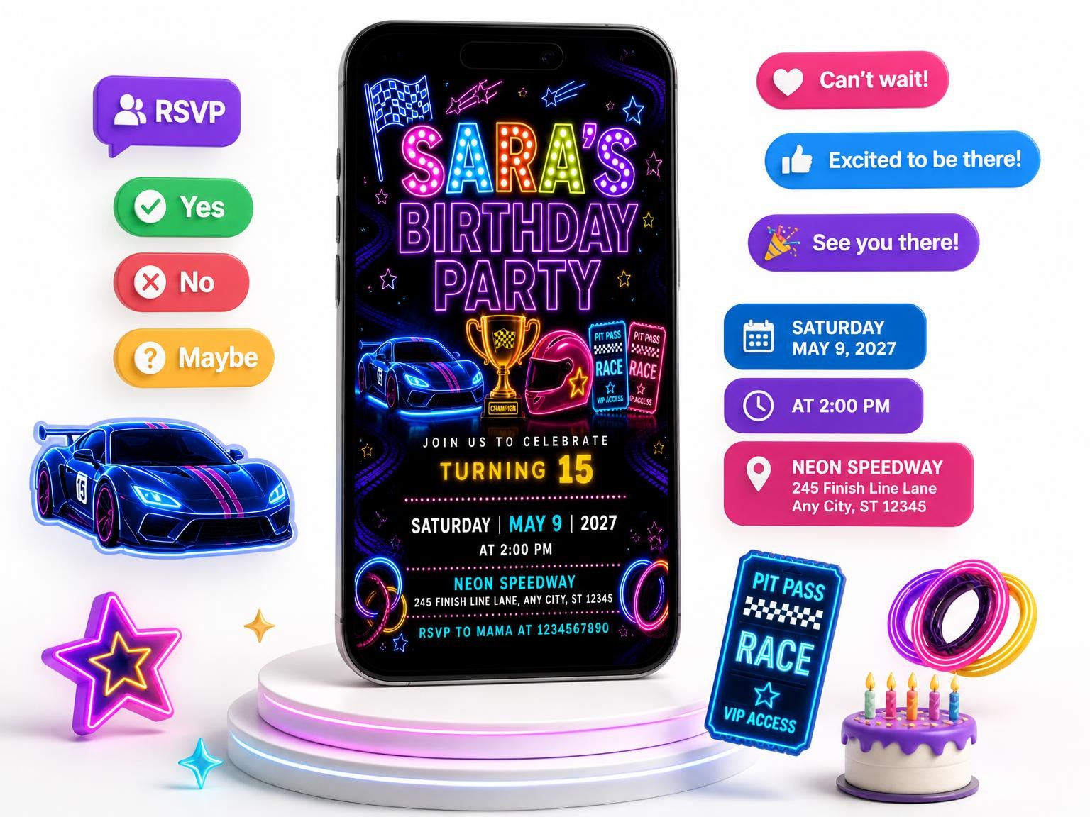 The Neon Race Cars 15th Birthday Invitation invitation on a phone, with guest RSVPs arriving around it