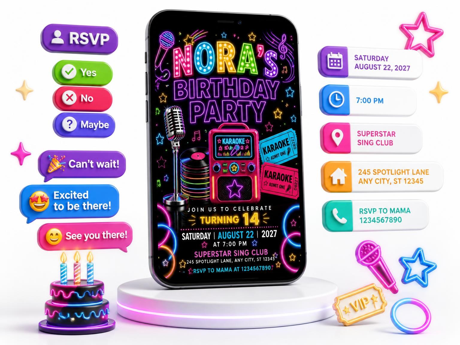 The Neon Karaoke 14th Birthday Invitation invitation on a phone, with guest RSVPs arriving around it