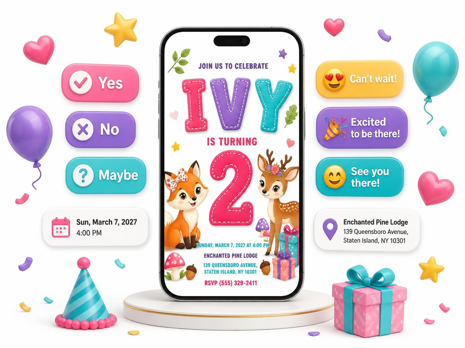 The Deer Fawn Stitched 2nd Birthday Invitation invitation on a phone, with guest RSVPs arriving around it