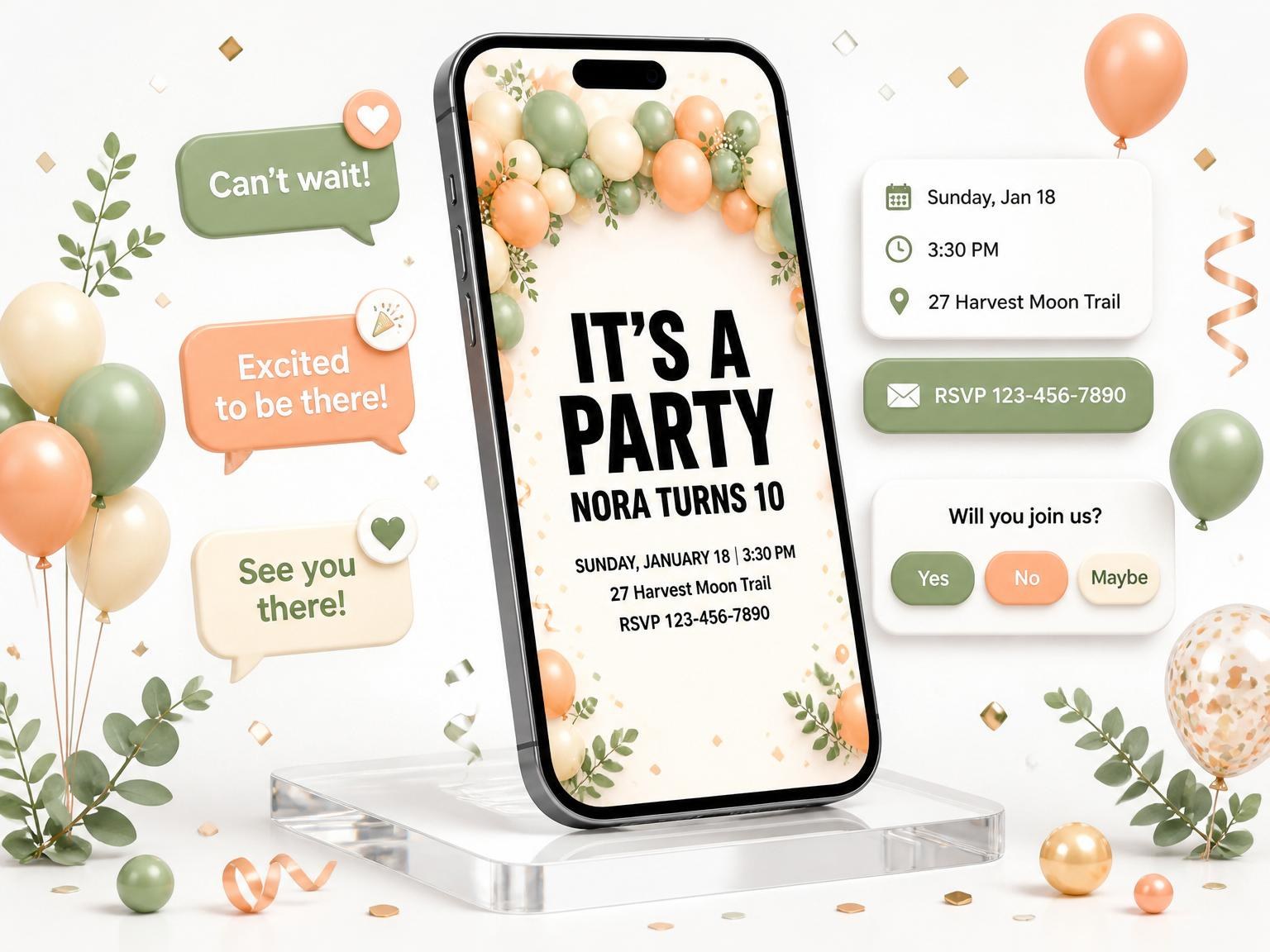 The Sage and Peach Balloon 10th Birthday invitation on a phone, with guest RSVPs arriving around it