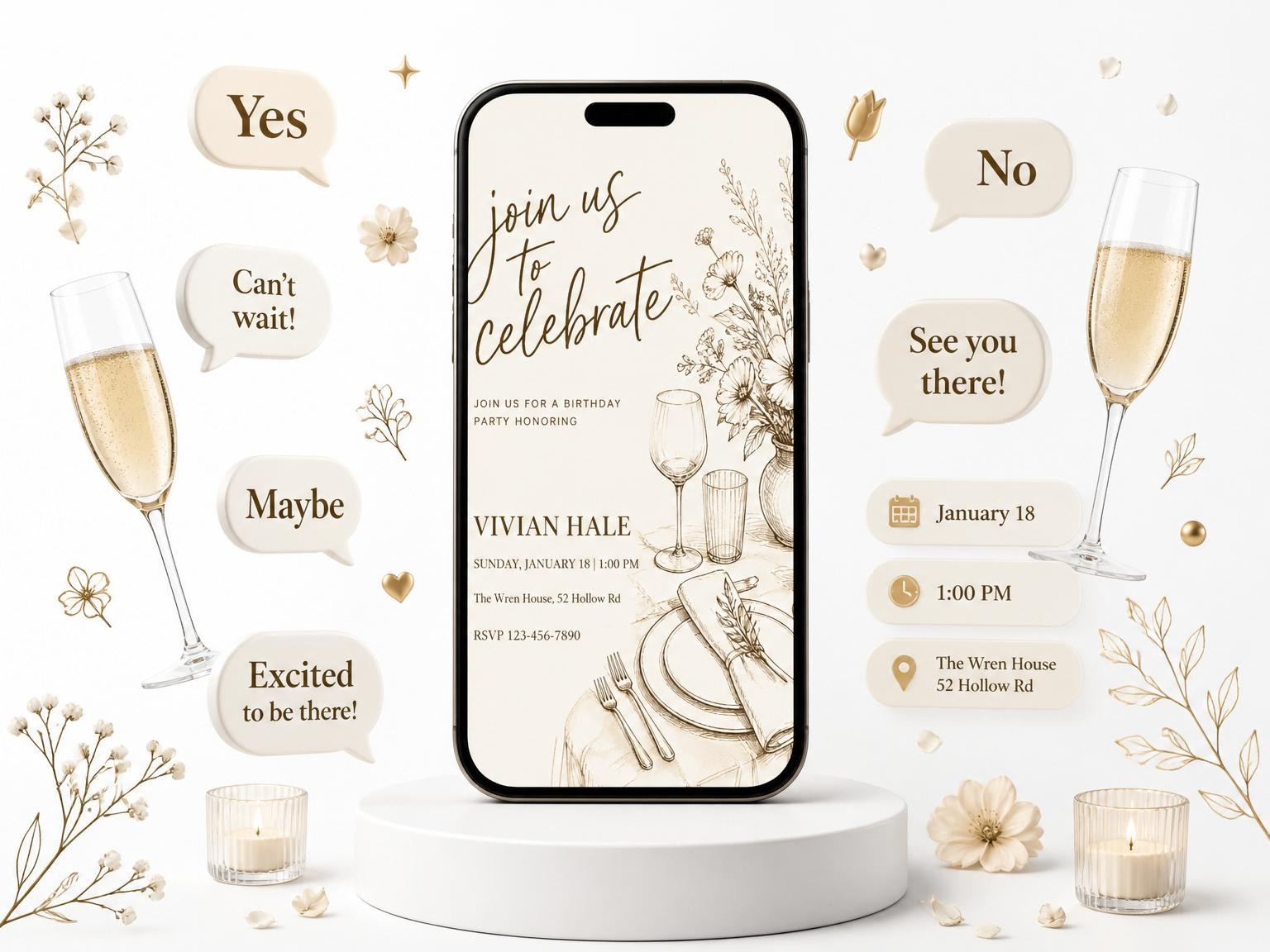The Cream Line-Art Tabletop Birthday Invitation invitation on a phone, with guest RSVPs arriving around it