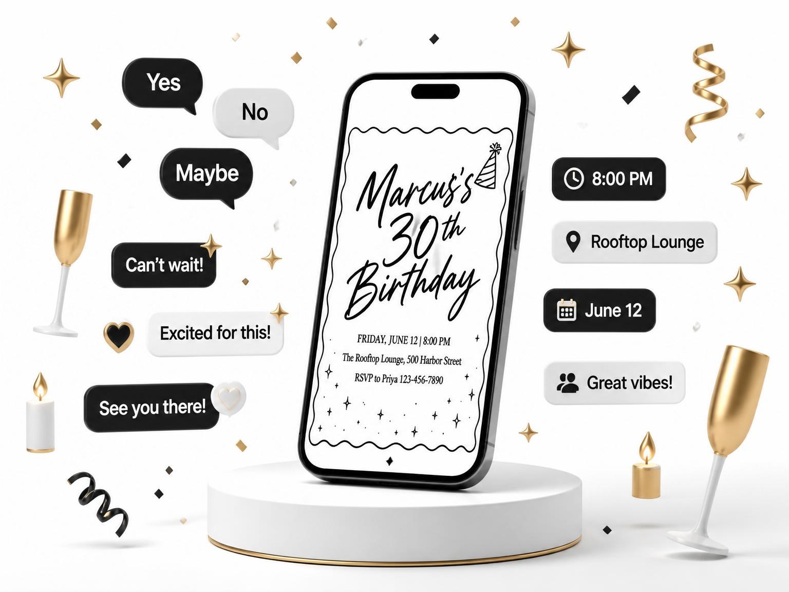 The Black and White Scalloped 30th Birthday Invitation invitation on a phone, with guest RSVPs arriving around it