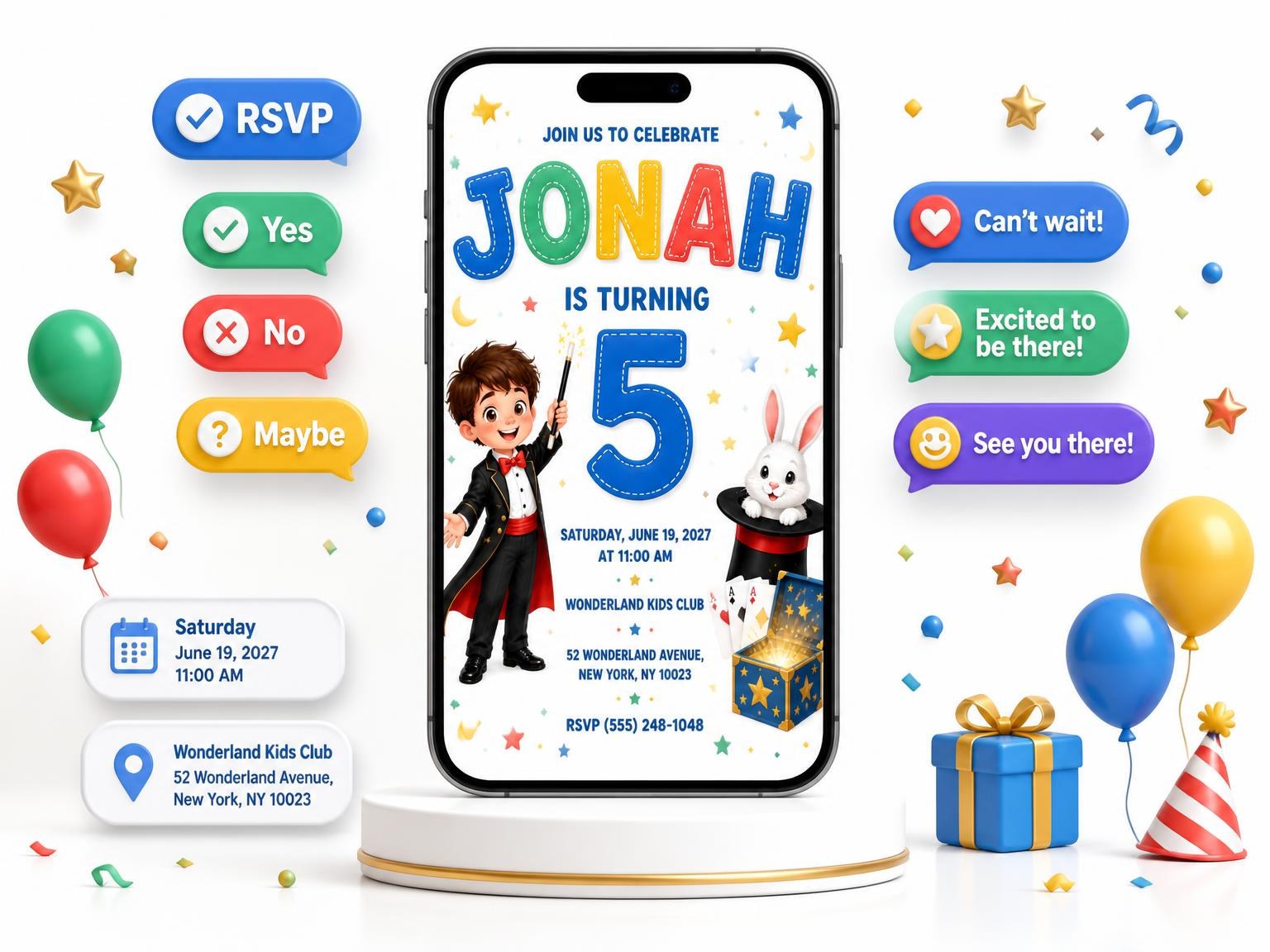 The Stitched Magic Show 5th Birthday Invitation invitation on a phone, with guest RSVPs arriving around it