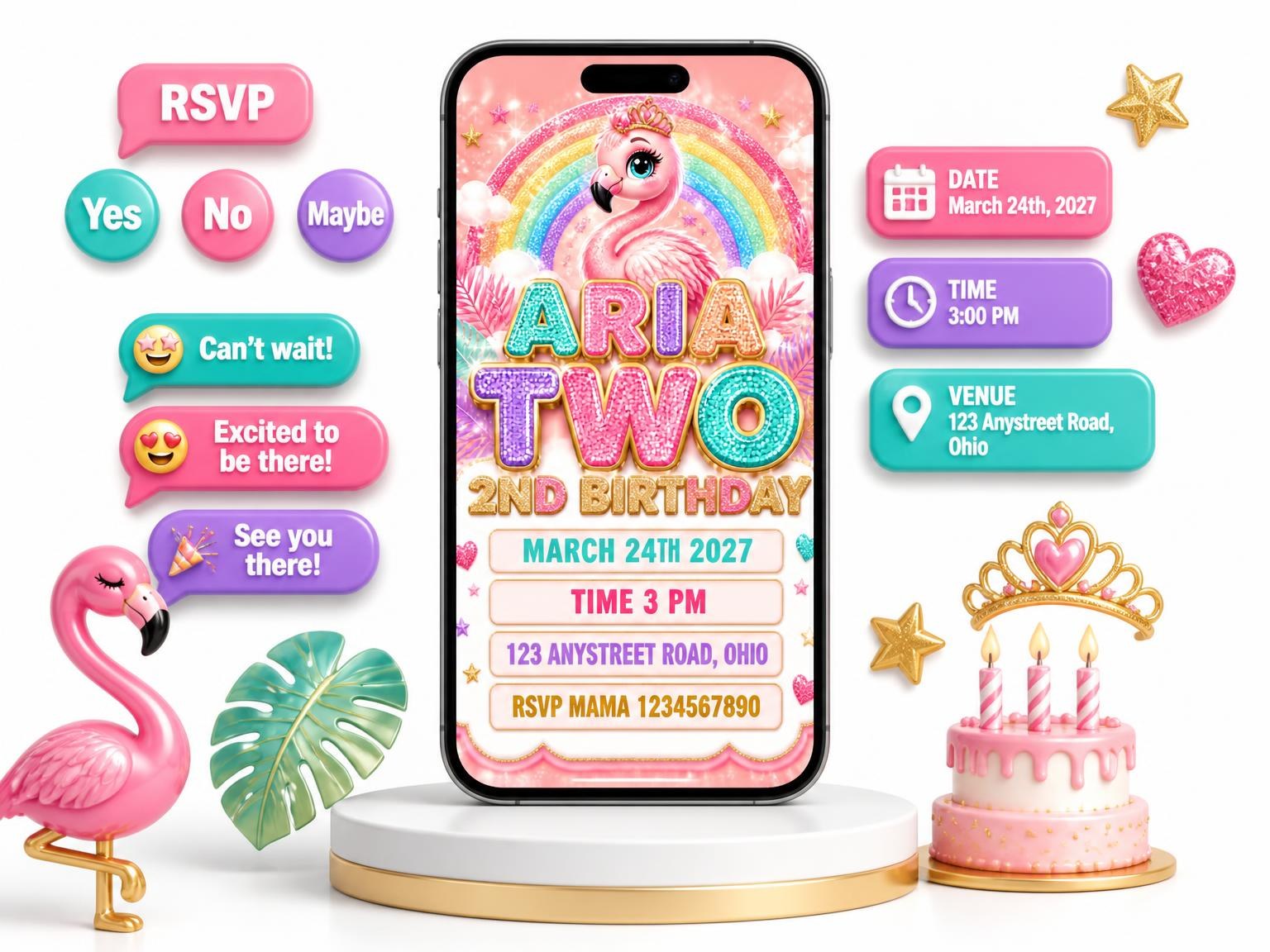 The Glitter Flamingo 2nd Birthday Invitation invitation on a phone, with guest RSVPs arriving around it