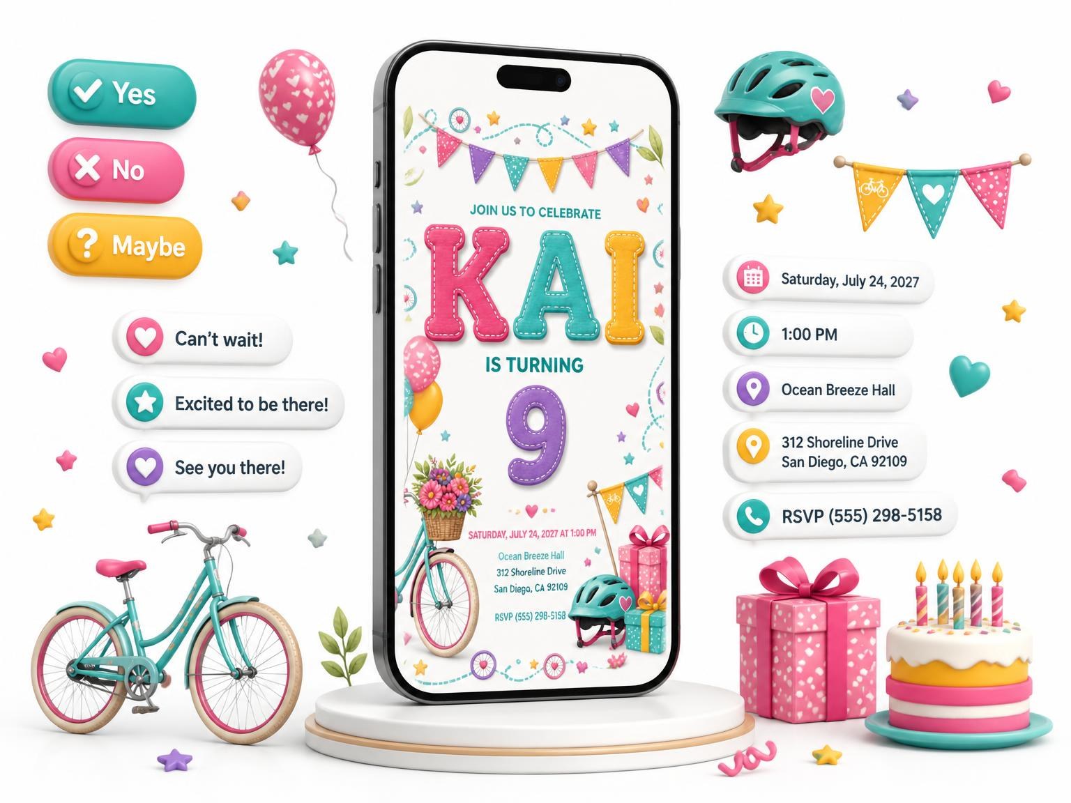 The Stitched Bike Ride 9th Birthday Invitation invitation on a phone, with guest RSVPs arriving around it