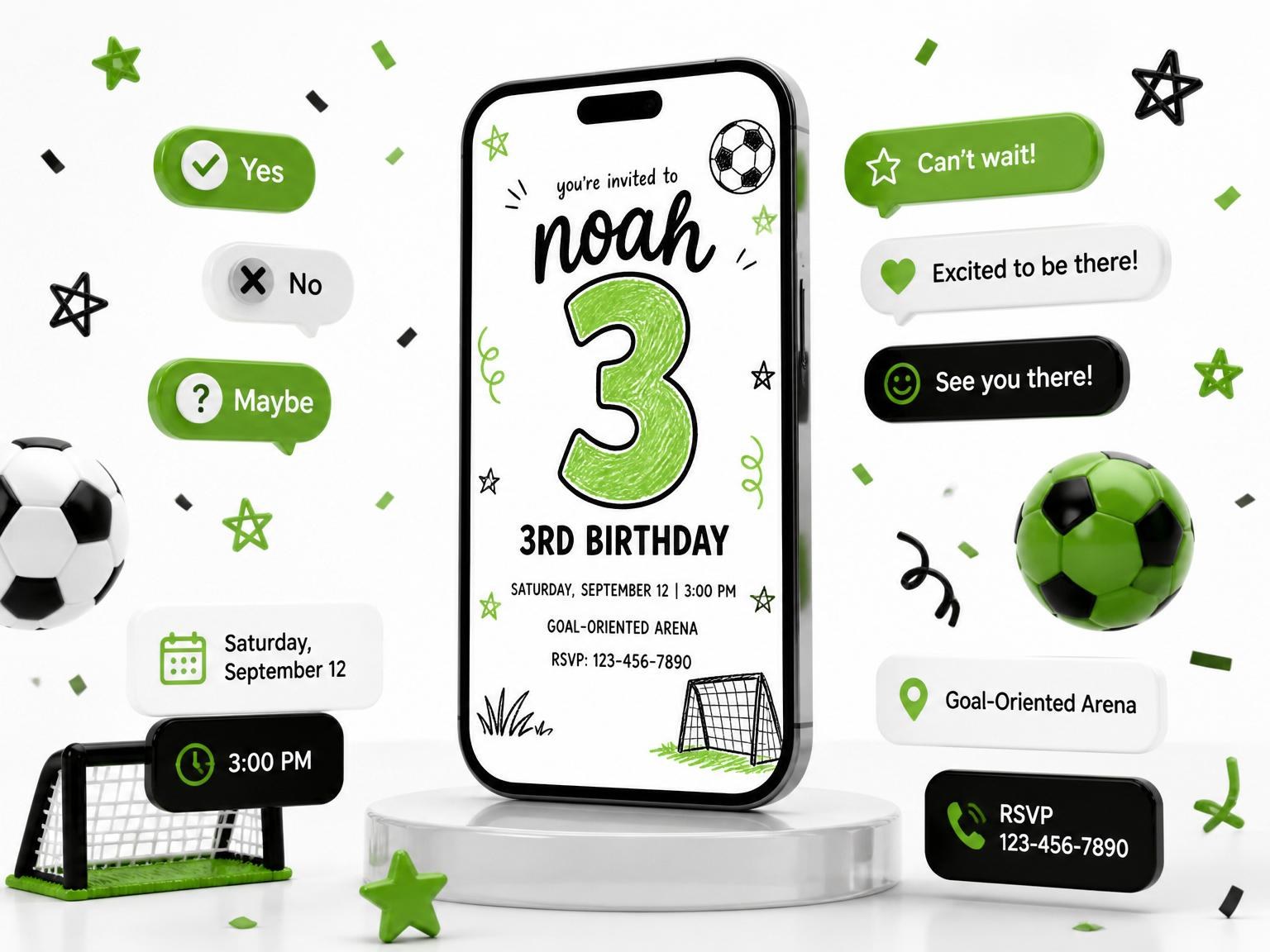 The Crayon Soccer Ball 3rd Birthday Invitation invitation on a phone, with guest RSVPs arriving around it