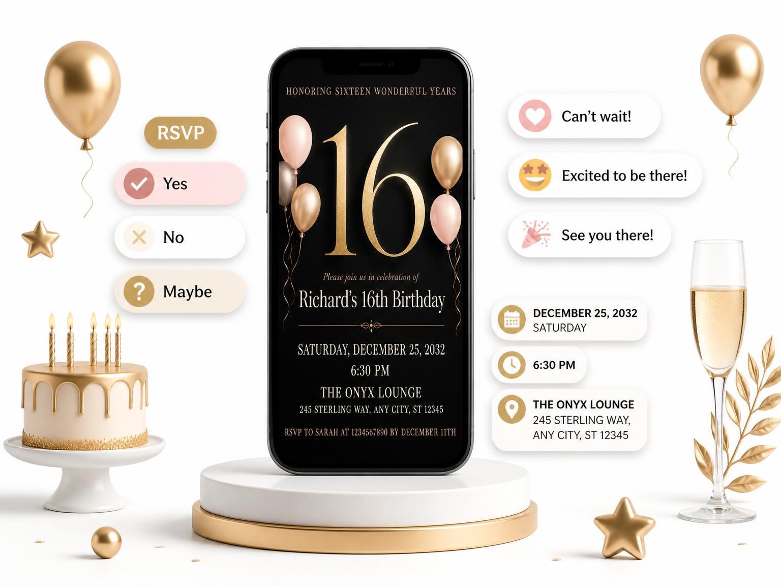 The Charcoal and Blush 16th Birthday Invitation invitation on a phone, with guest RSVPs arriving around it