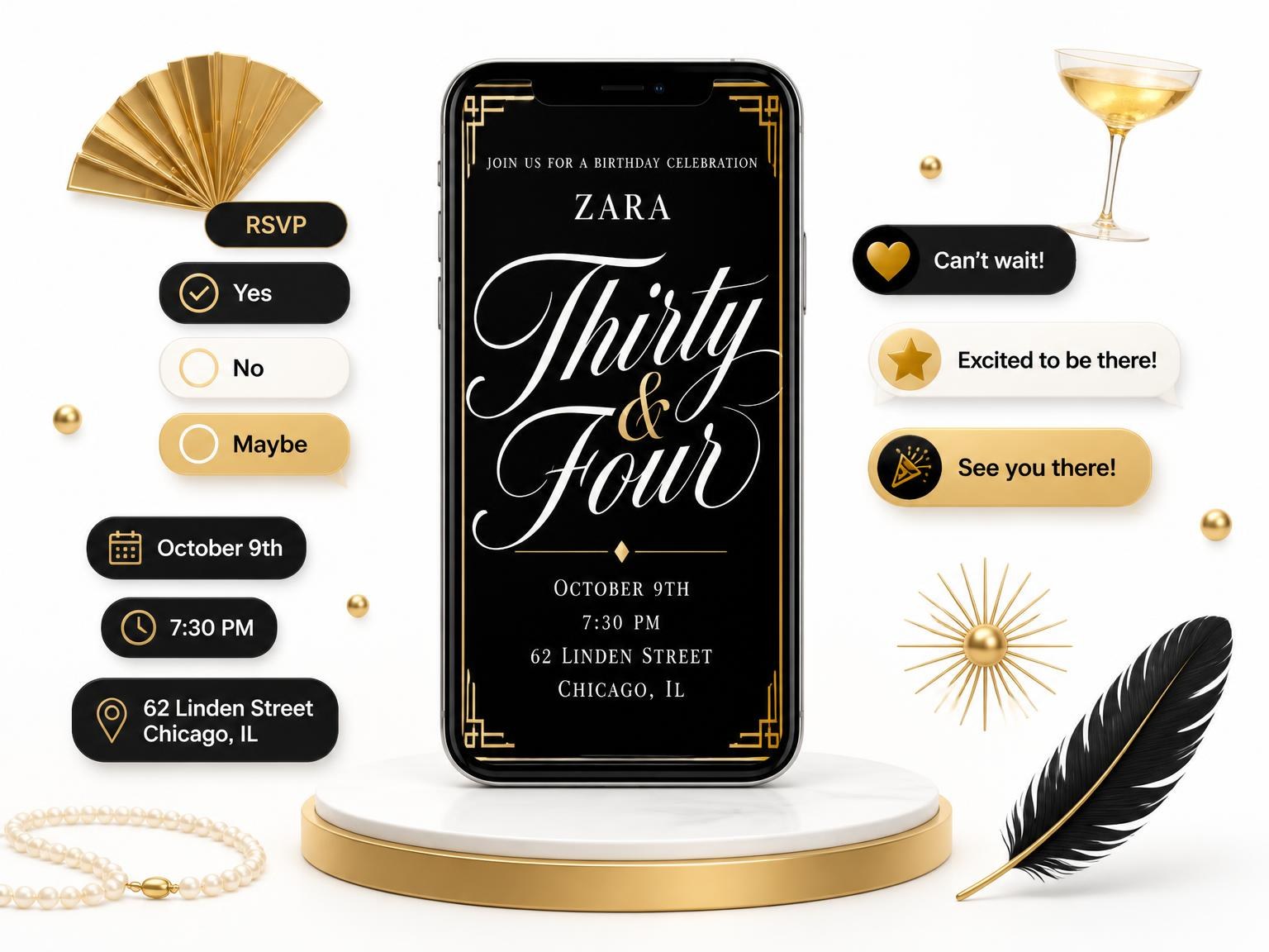 The Art Deco 34th Birthday Invitation invitation on a phone, with guest RSVPs arriving around it