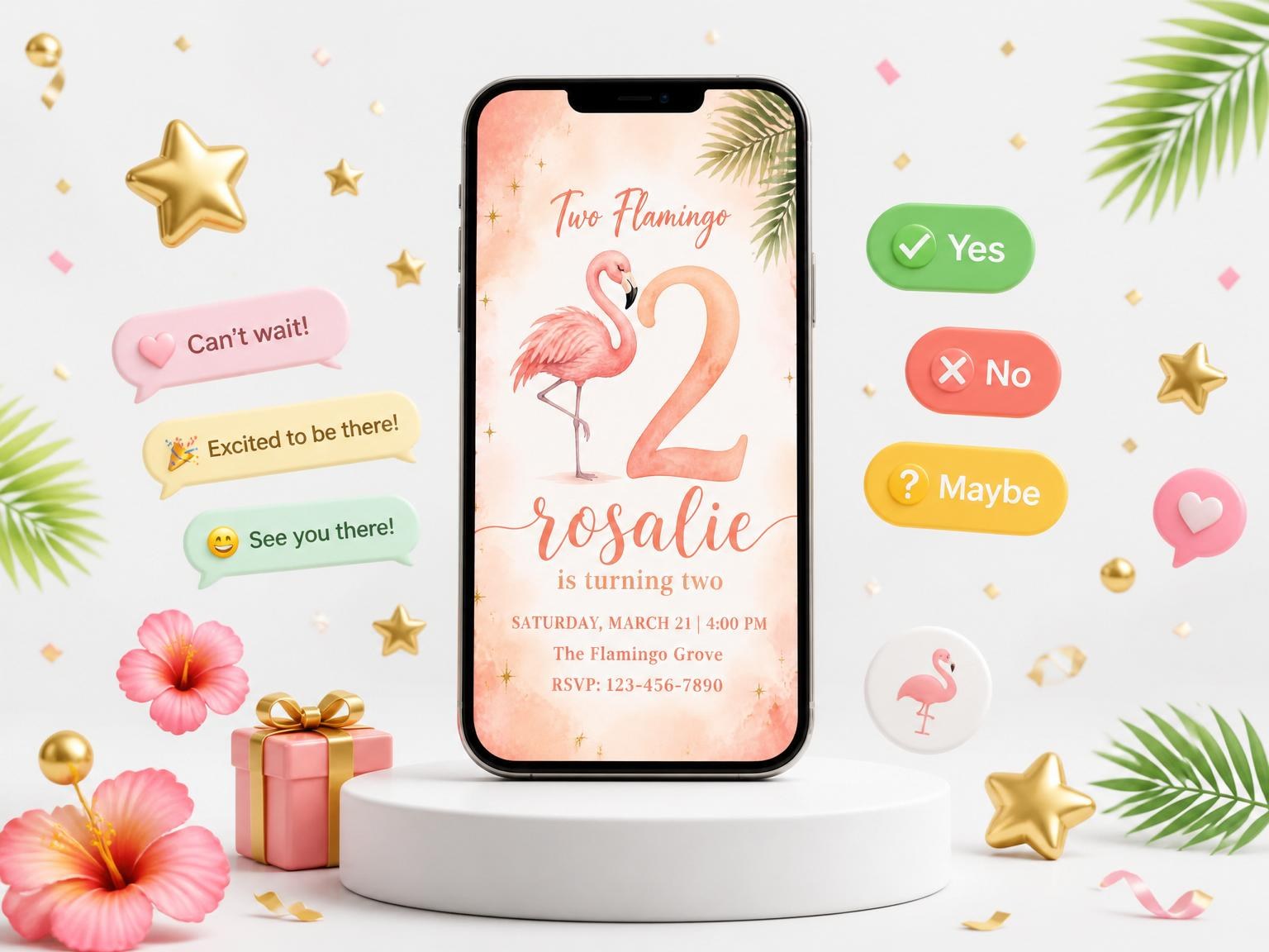 The Watercolor Flamingo 2nd Birthday Invitation invitation on a phone, with guest RSVPs arriving around it