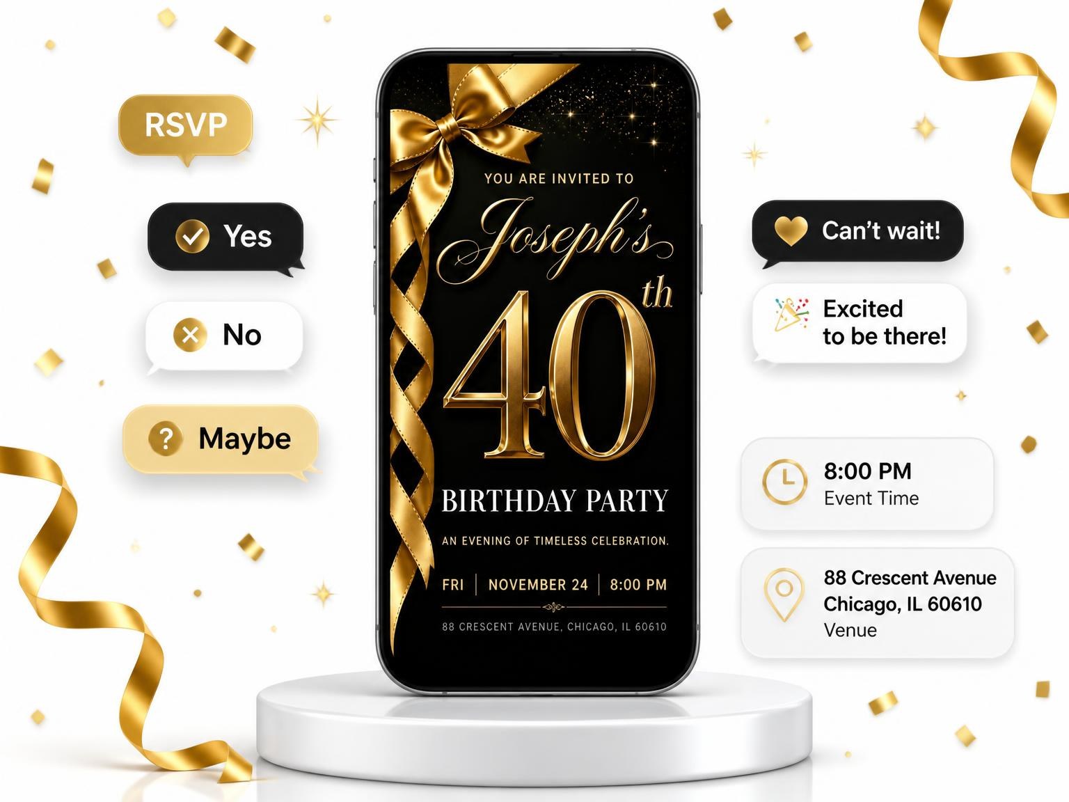 The Black and Gold Ribbon 40th Birthday invitation on a phone, with guest RSVPs arriving around it
