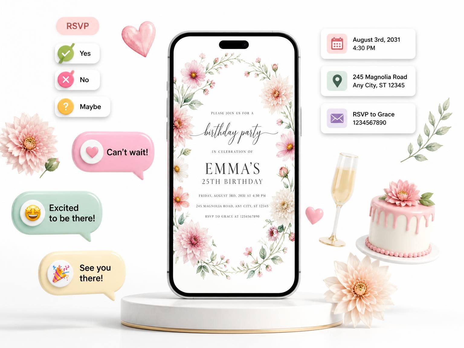 The Dahlia Wreath Blush 25th Birthday Invitation invitation on a phone, with guest RSVPs arriving around it