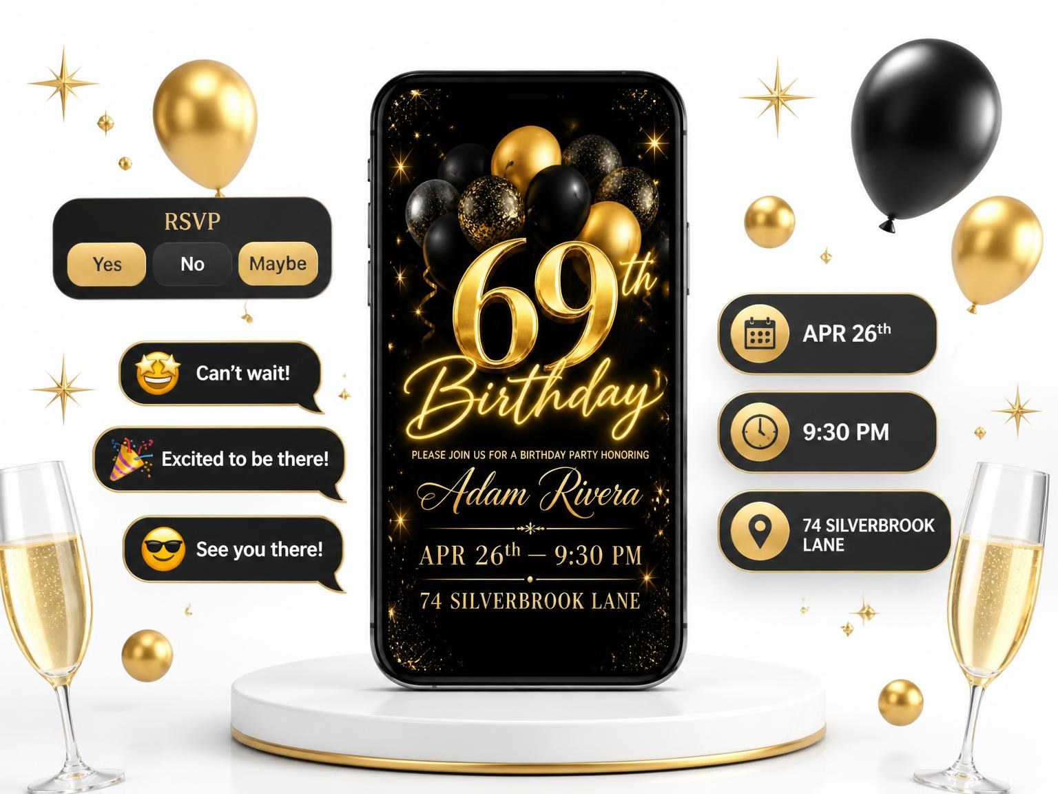 The Black and Gold Balloon 69th Birthday invitation on a phone, with guest RSVPs arriving around it