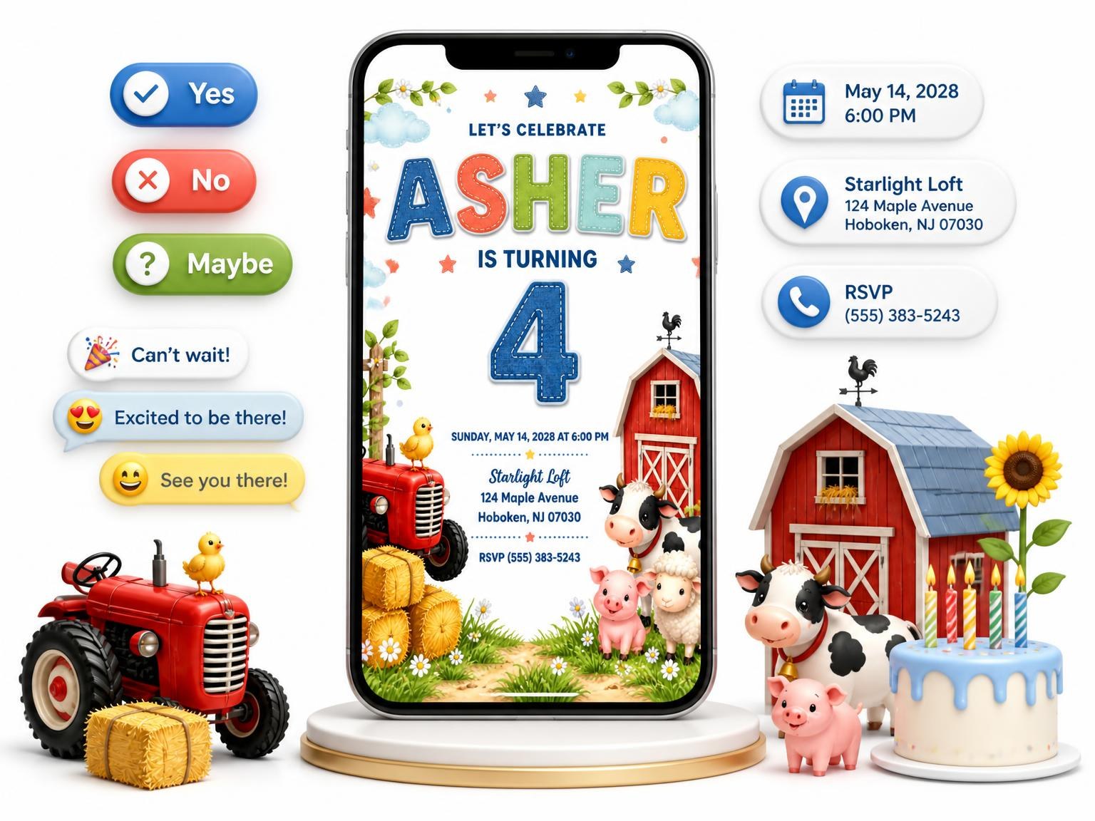The Stitched Farm 4th Birthday Invitation invitation on a phone, with guest RSVPs arriving around it