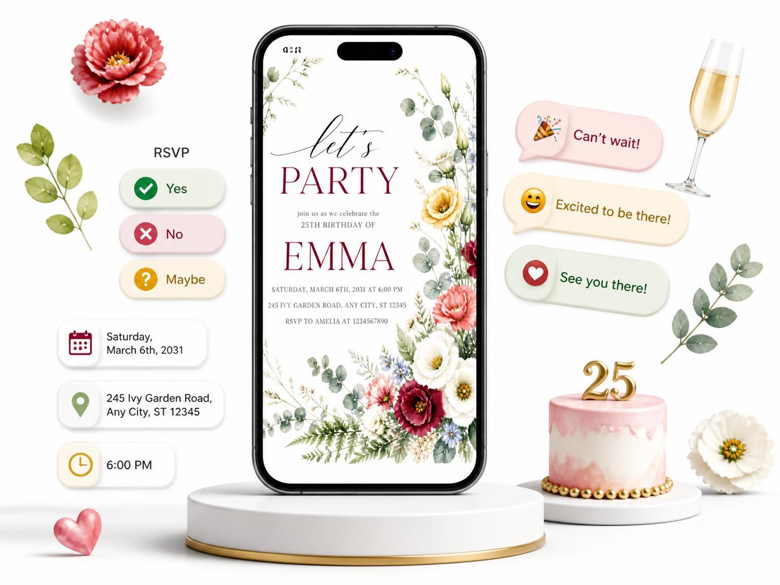 The Golden Burgundy Wildflower 25th Birthday Invitation invitation on a phone, with guest RSVPs arriving around it