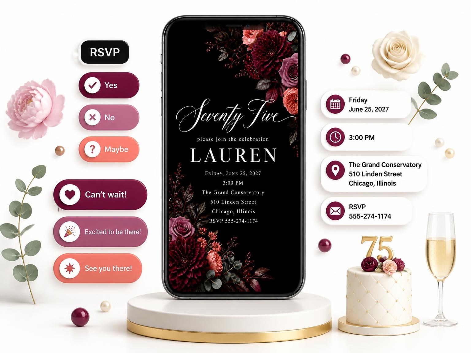 The Black Floral 75th Birthday Invitation invitation on a phone, with guest RSVPs arriving around it