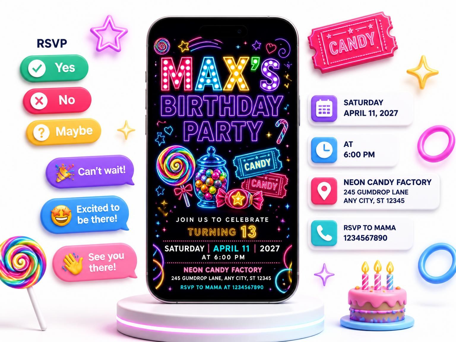 The Neon Candy 13th Birthday Invitation invitation on a phone, with guest RSVPs arriving around it