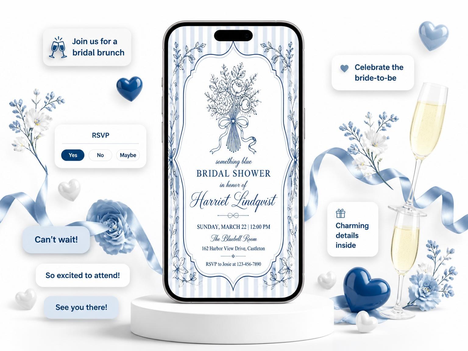 The Navy Stripe Botanical Ribbon Bridal Shower invitation on a phone, with guest RSVPs arriving around it