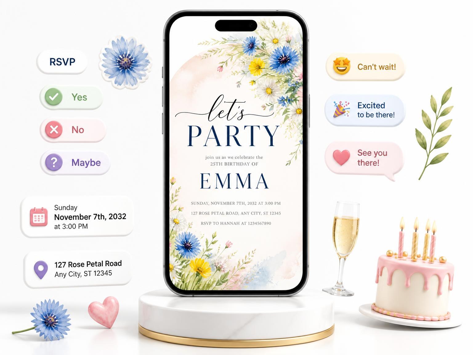 The Spring Wildflower 25th Birthday Invitation invitation on a phone, with guest RSVPs arriving around it