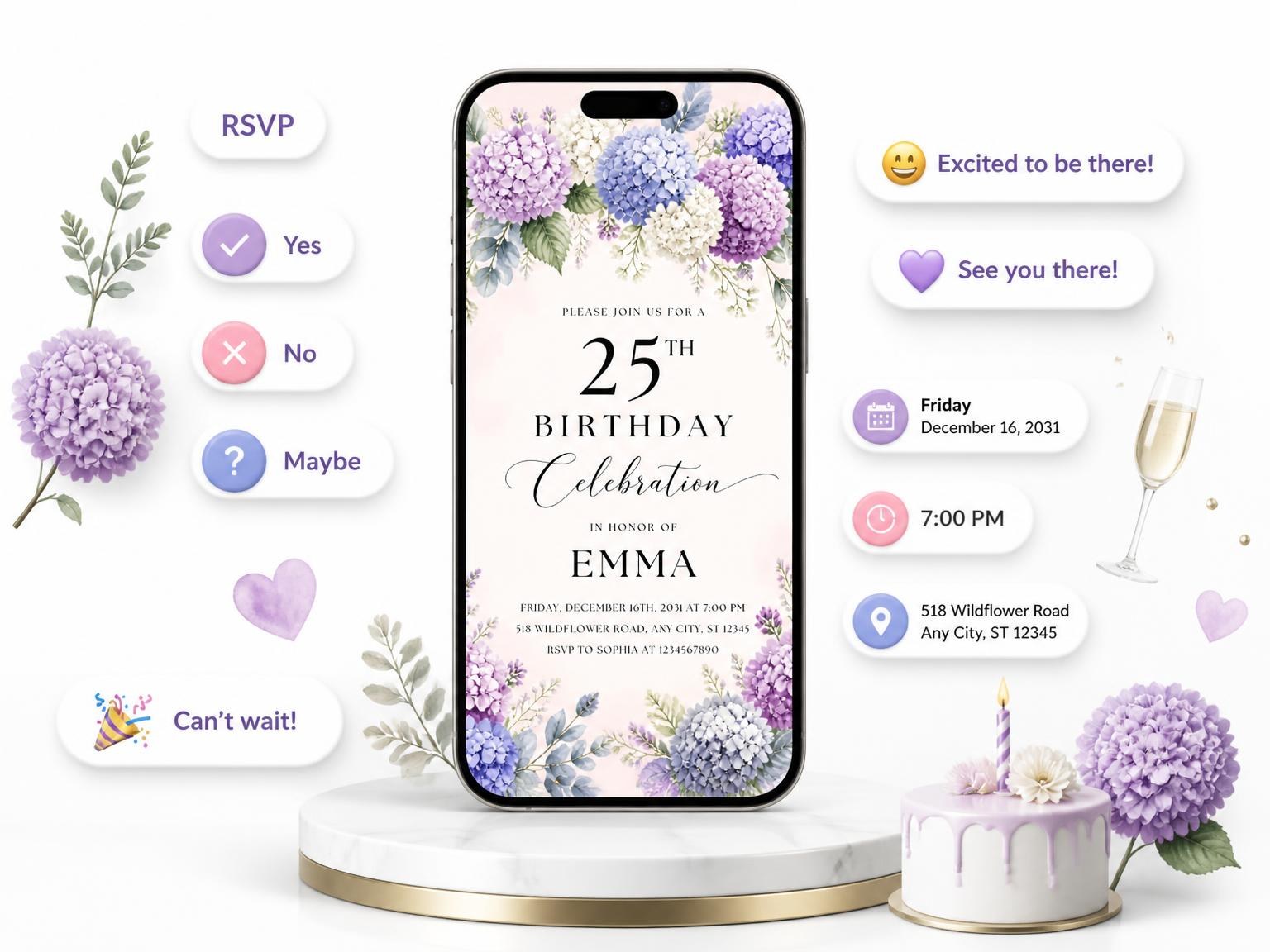 The Hydrangea Garland Lavender 25th Birthday Invitation invitation on a phone, with guest RSVPs arriving around it