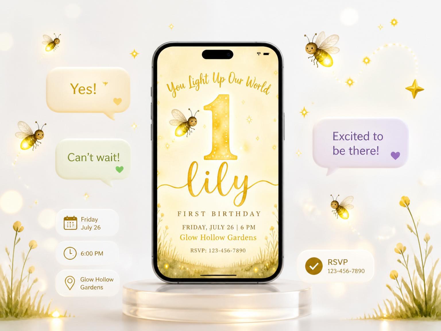 The Watercolor Firefly Gold 1st Birthday invitation on a phone, with guest RSVPs arriving around it