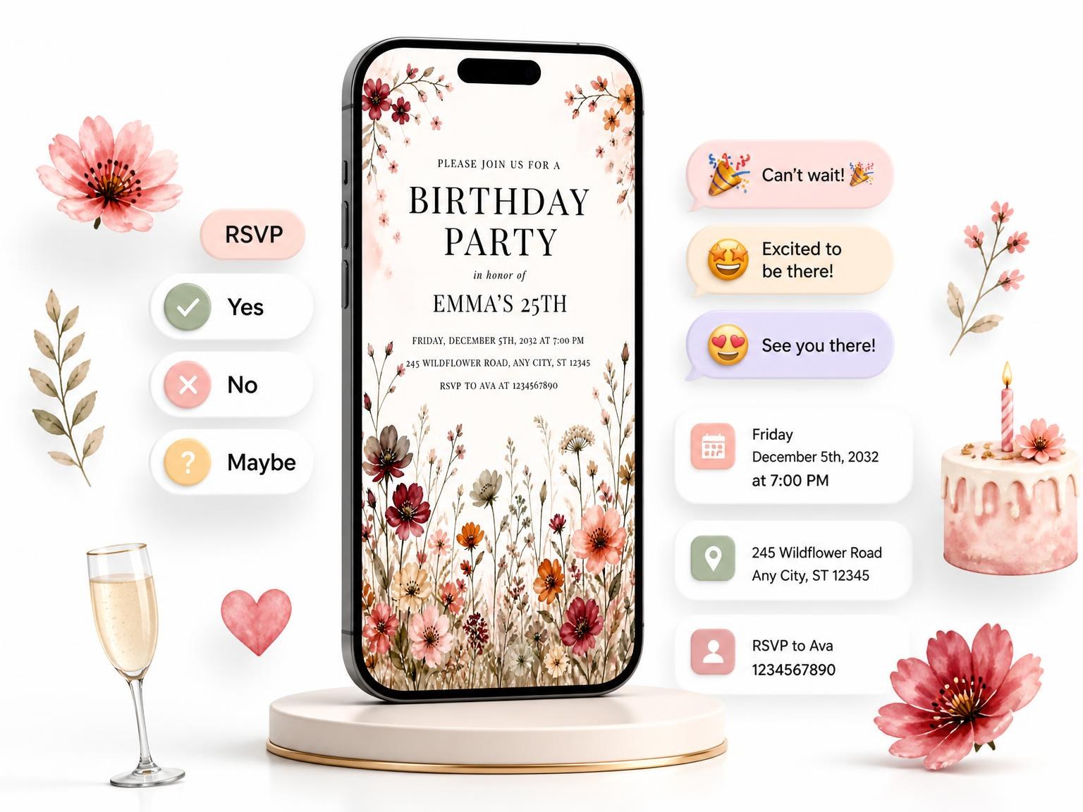 The Wildflower Meadow Autumn 25th Birthday Invitation invitation on a phone, with guest RSVPs arriving around it