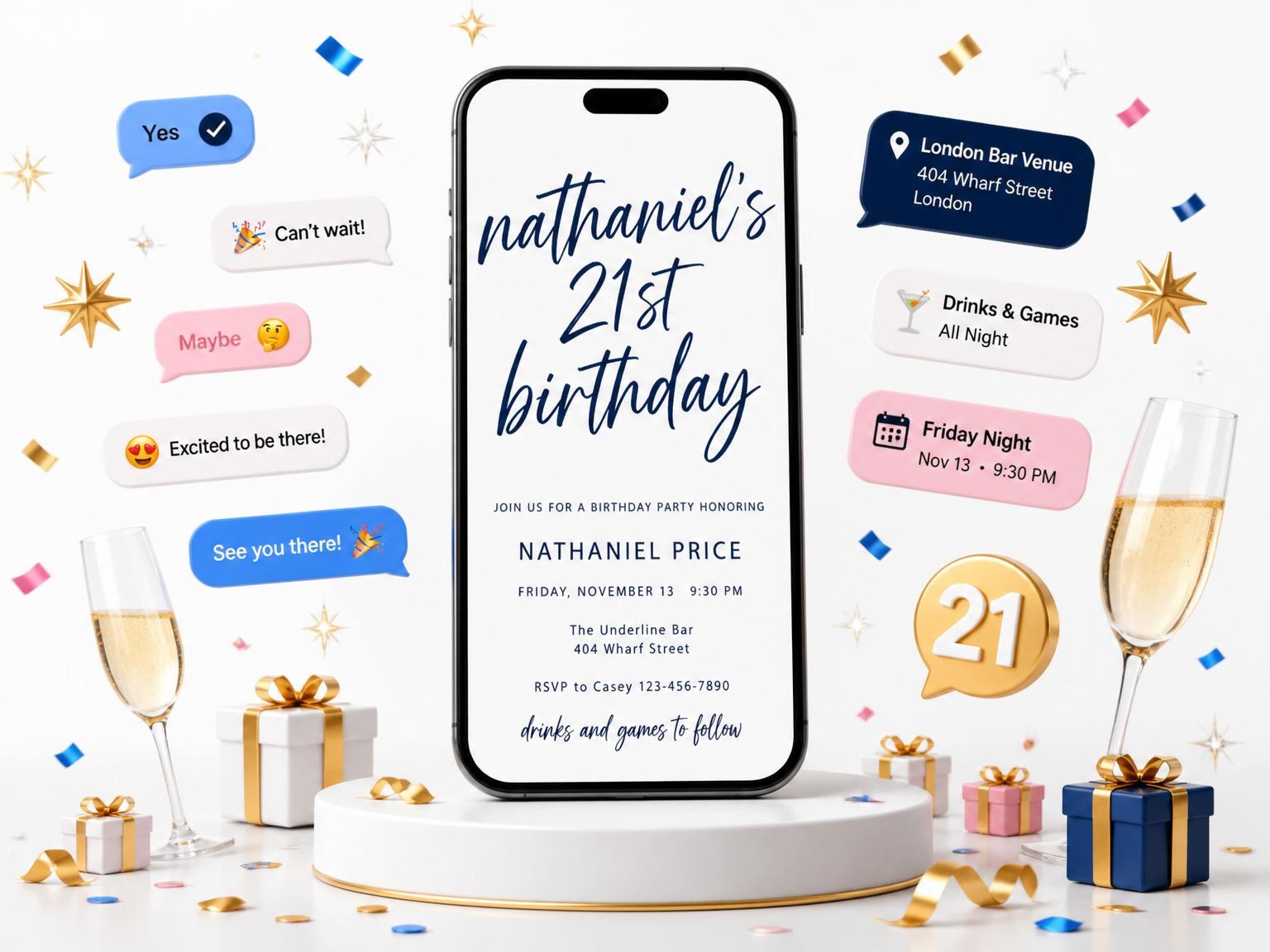The Navy Script Minimalist Birthday Invitation invitation on a phone, with guest RSVPs arriving around it