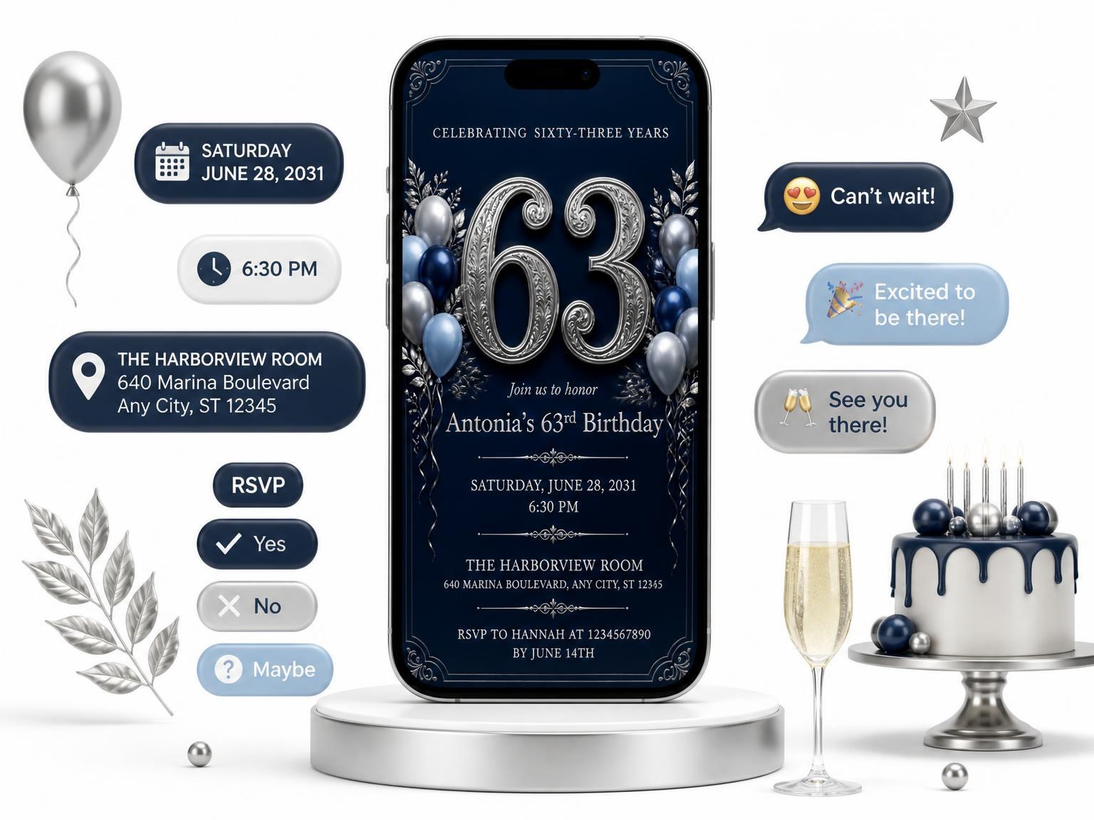 The Navy and Silver 63rd Birthday Invitation invitation on a phone, with guest RSVPs arriving around it