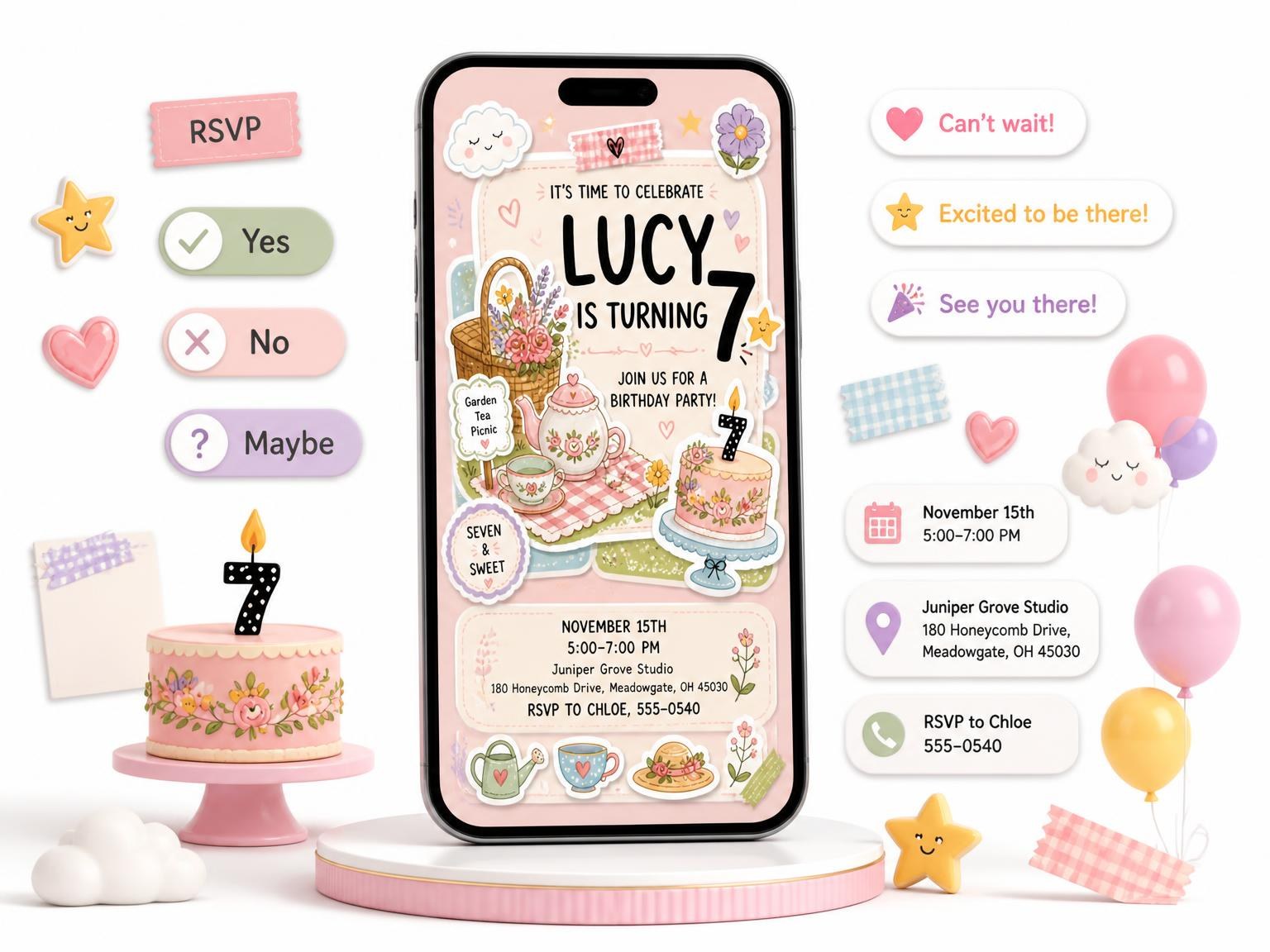 The Picnic Set Pastel 7th Birthday Invitation invitation on a phone, with guest RSVPs arriving around it