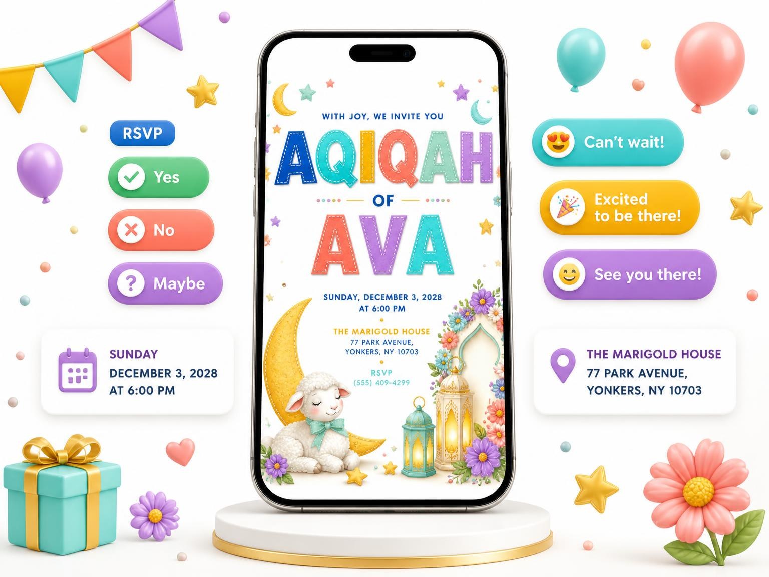 The Sleeping Baby Aqiqah Invitation invitation on a phone, with guest RSVPs arriving around it