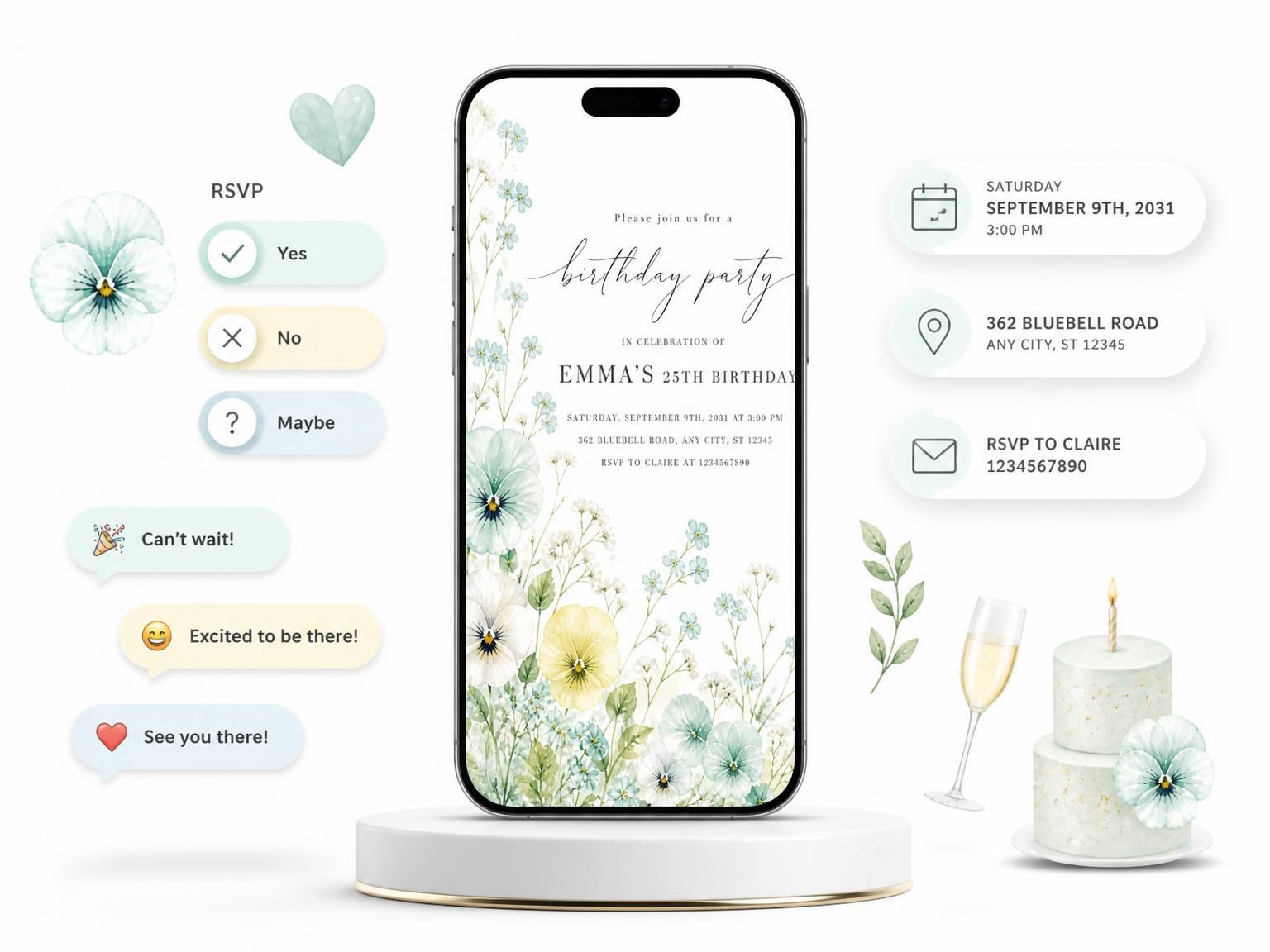 The Wildflower Meadow Mint 25th Birthday Invitation invitation on a phone, with guest RSVPs arriving around it