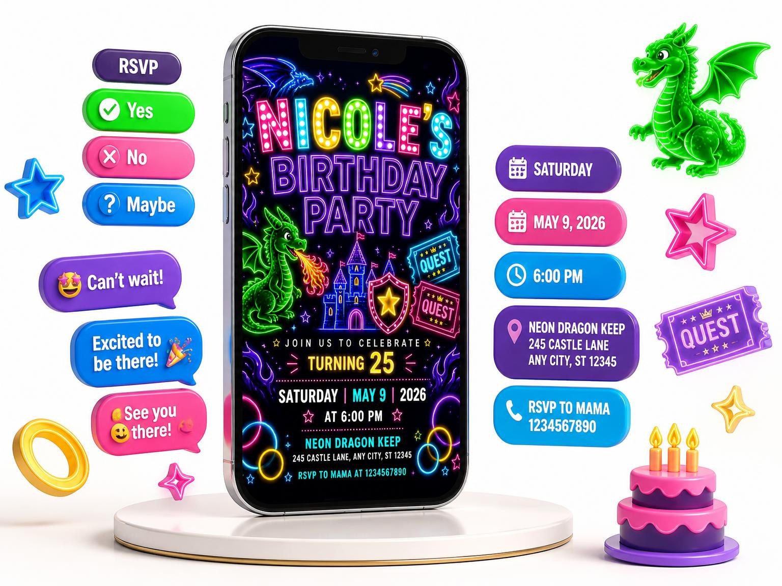 The Neon Dragon 25th Birthday Invitation invitation on a phone, with guest RSVPs arriving around it
