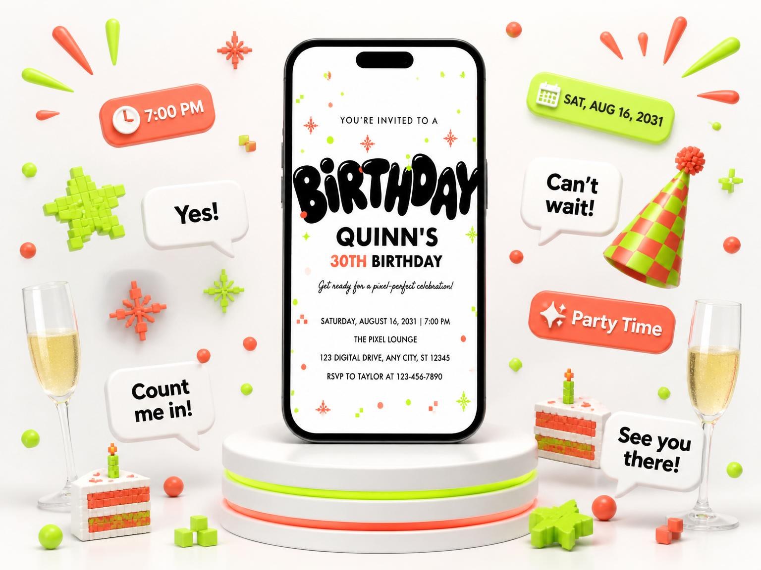 The Retro Arcade 30th Birthday Invitation invitation on a phone, with guest RSVPs arriving around it