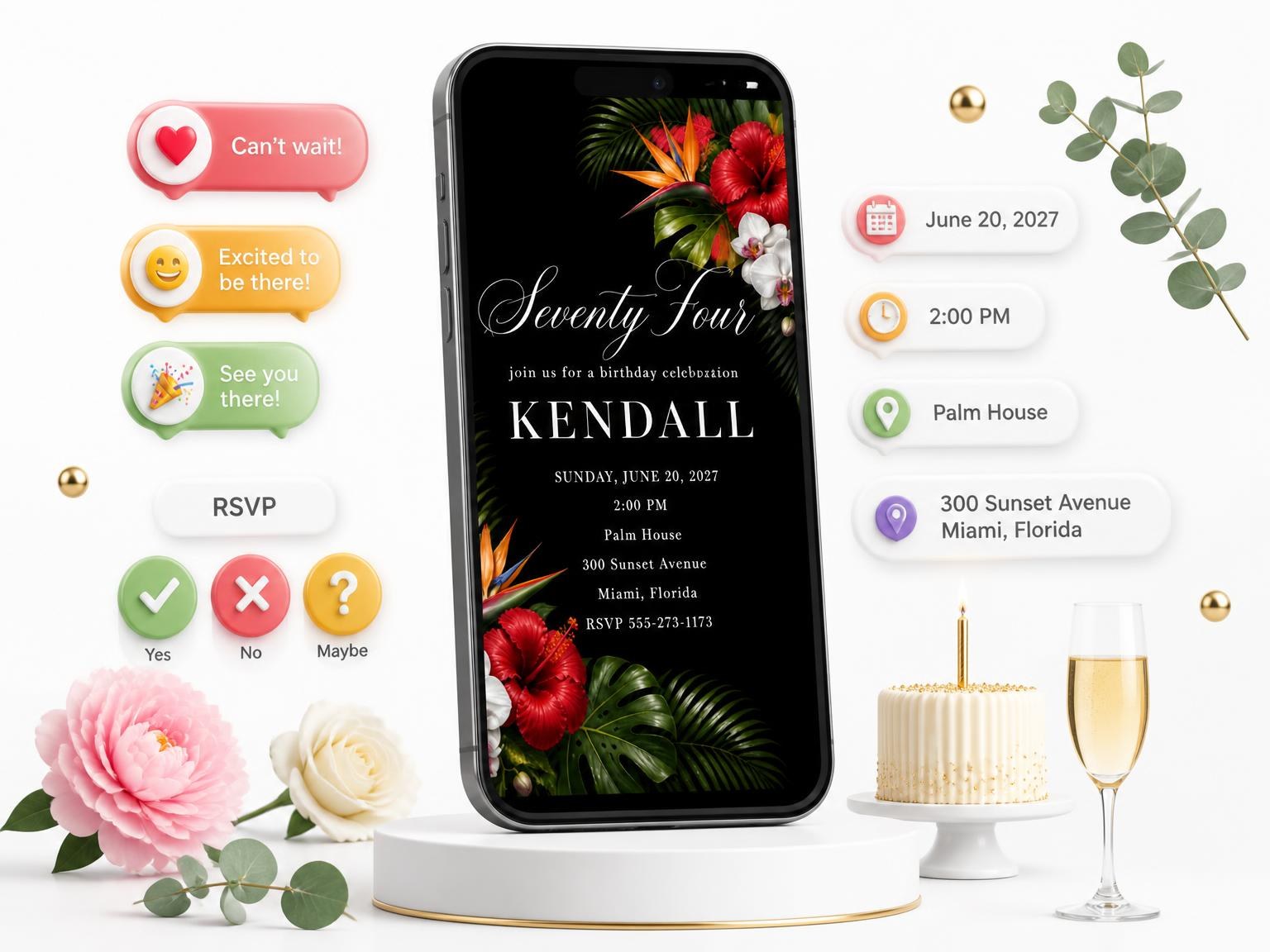 The Black Floral 74th Birthday Invitation invitation on a phone, with guest RSVPs arriving around it