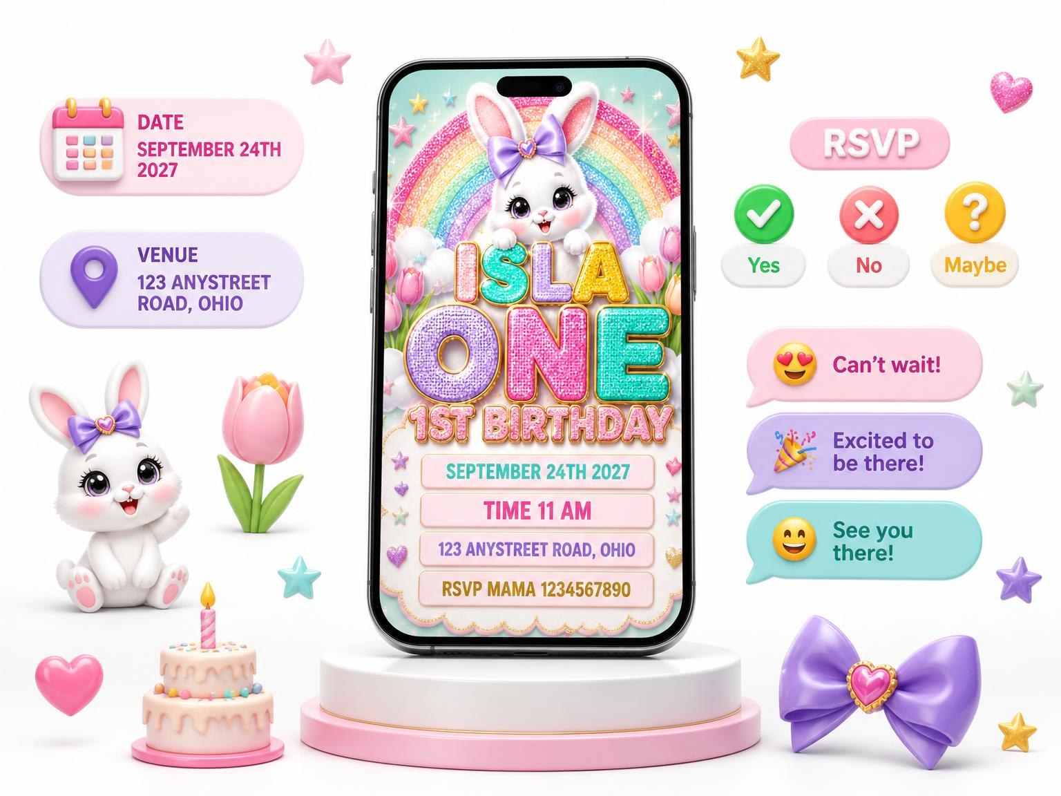 The Glitter Sparkle Bunny 1st Birthday Invitation invitation on a phone, with guest RSVPs arriving around it