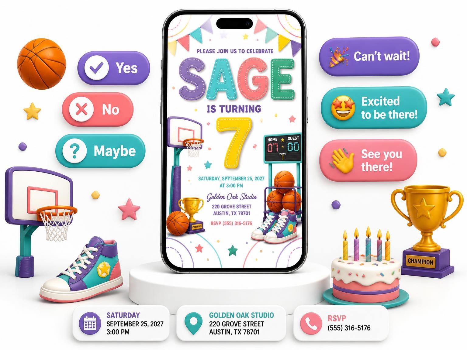 The Stitched Basketball 7th Birthday Invitation invitation on a phone, with guest RSVPs arriving around it