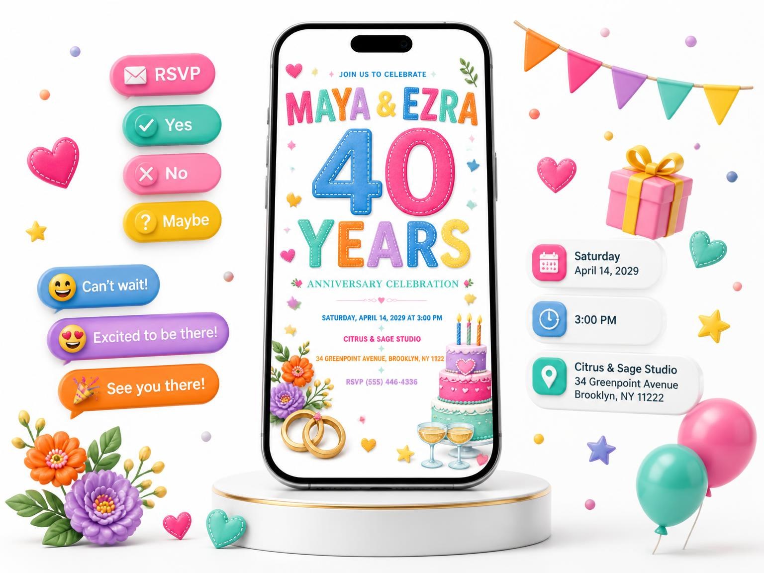 The Sugar Flowers 40th Anniversary Invitation invitation on a phone, with guest RSVPs arriving around it