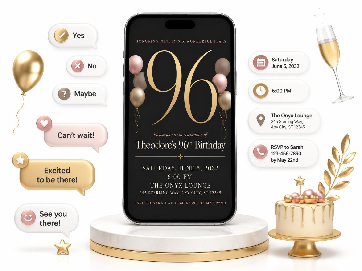 The Charcoal and Blush 96th Birthday Invitation invitation on a phone, with guest RSVPs arriving around it