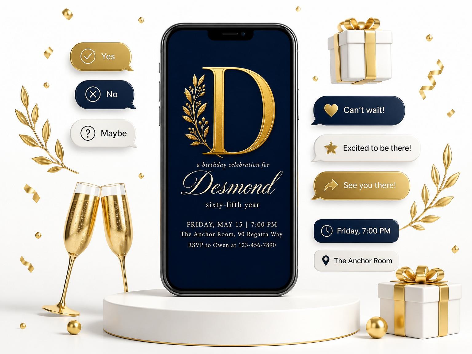 The Gold Laurel Initial Birthday Invitation invitation on a phone, with guest RSVPs arriving around it