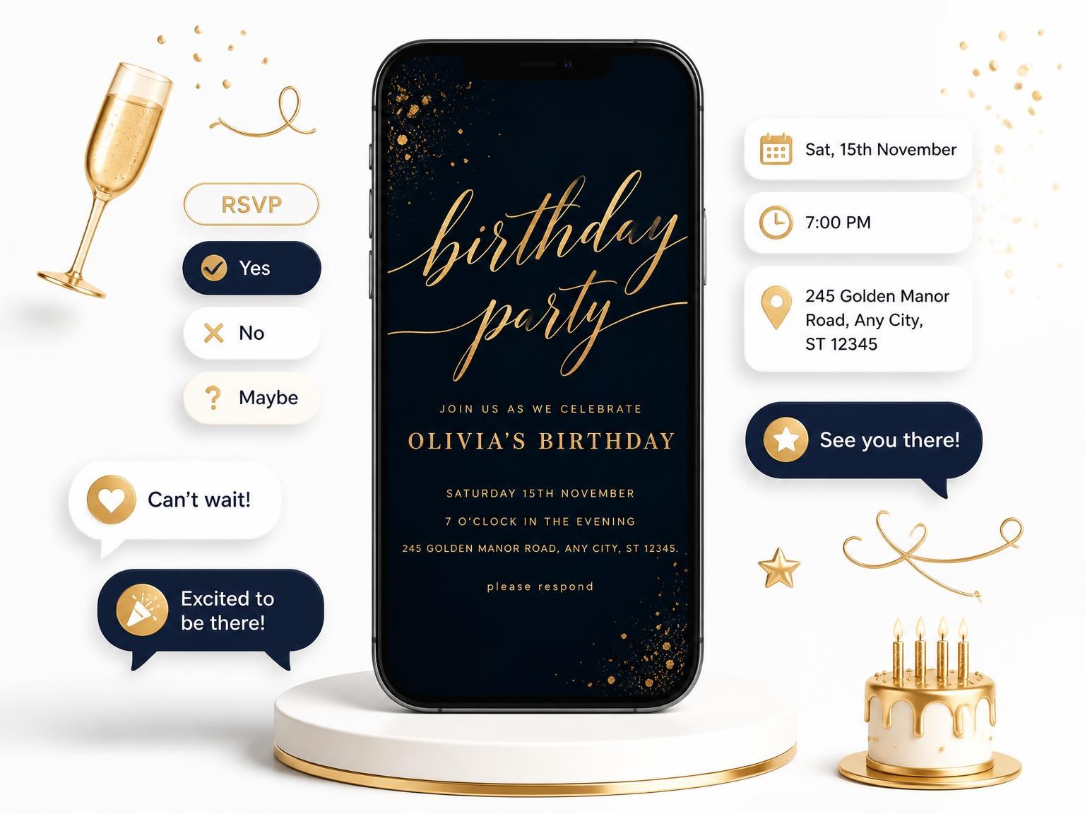 The Ink Blue and Gold Birthday Invitation invitation on a phone, with guest RSVPs arriving around it
