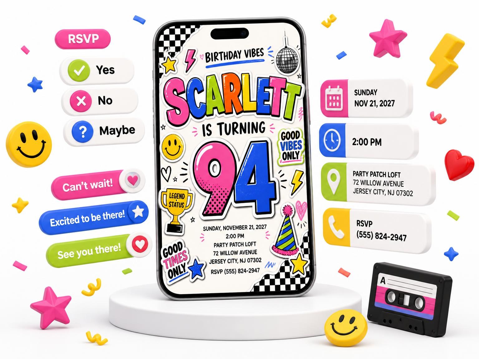 The Sticker Pop 94th Birthday Invitation invitation on a phone, with guest RSVPs arriving around it