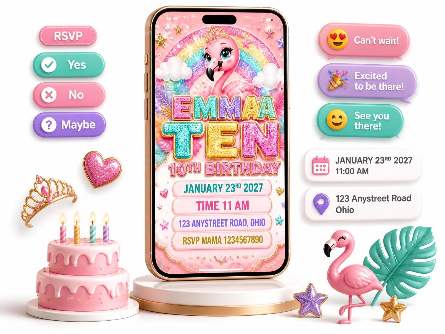 The Glitter Flamingo 10th Birthday Invitation invitation on a phone, with guest RSVPs arriving around it