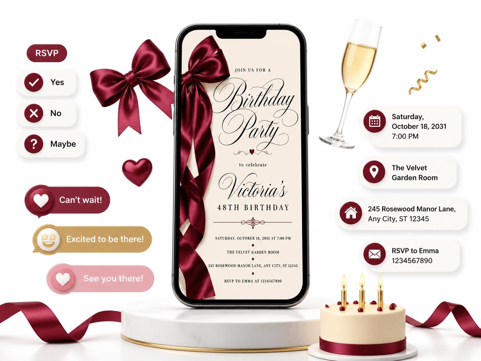 The Burgundy Satin Bow 48th Birthday Invitation invitation on a phone, with guest RSVPs arriving around it
